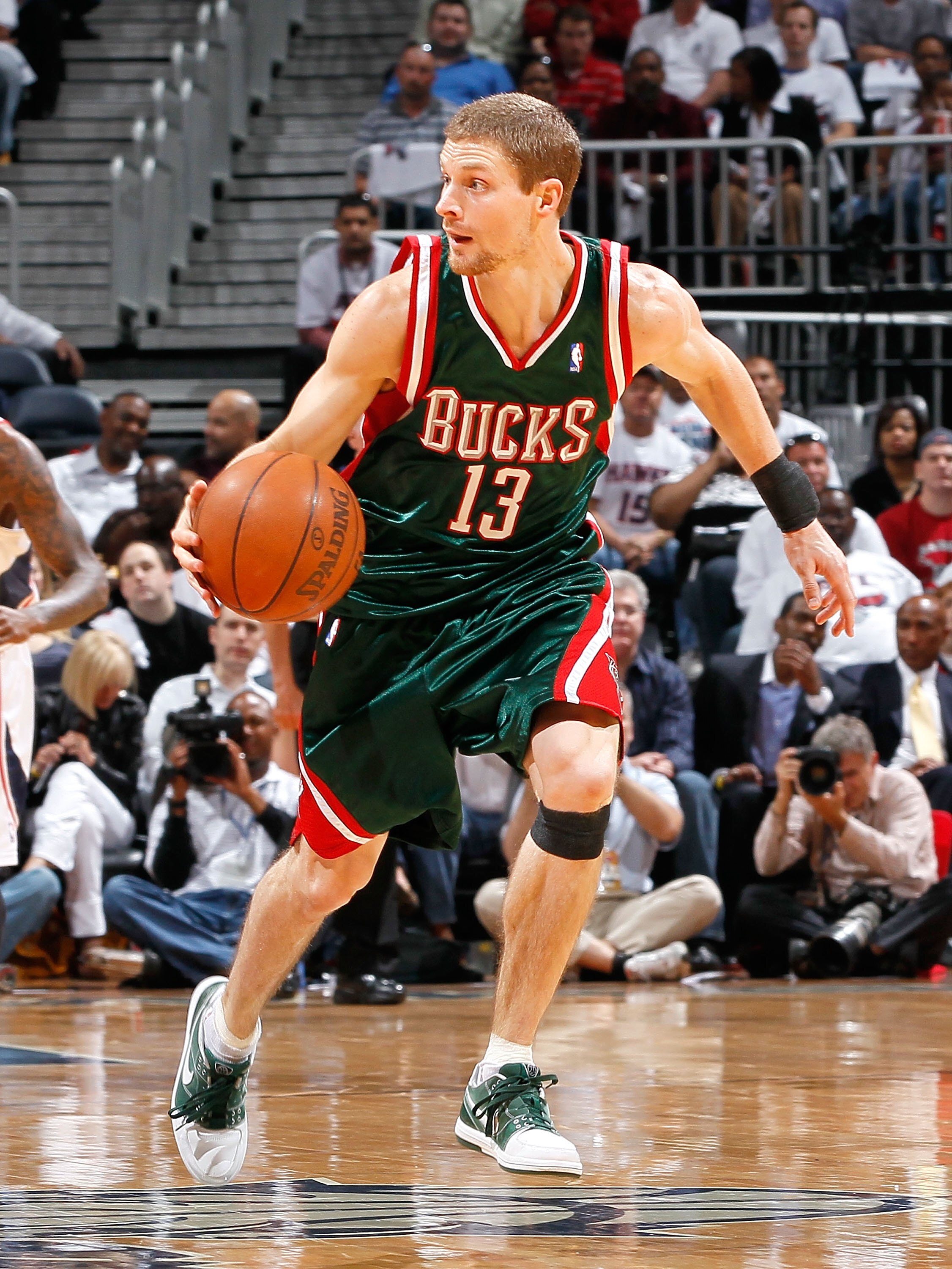 ATLANTA - APRIL 28:  Luke Ridnour #12 of the Milwaukee Bucks against the Atlanta Hawks during Game Five of the Eastern Conference Quarterfinals of the 2010 NBA Playoffs at Philips Arena on April 28, 2010 in Atlanta, Georgia.  NOTE TO USER: User expressly