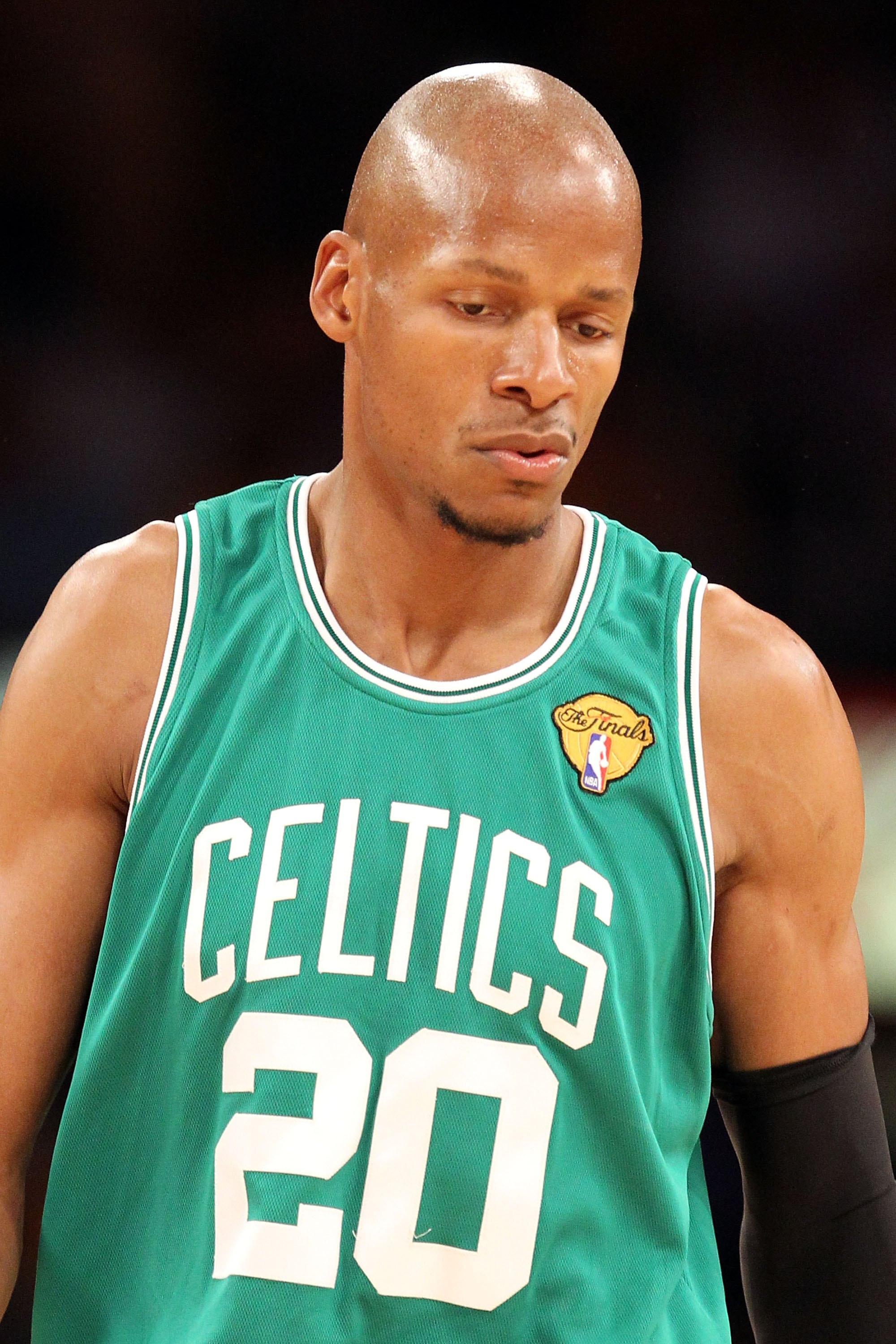 LOS ANGELES, CA - JUNE 17:  Ray Allen #20 of the Boston Celtics reacts with taking on the Los Angeles Lakers in Game Seven of the 2010 NBA Finals at Staples Center on June 17, 2010 in Los Angeles, California.  NOTE TO USER: User expressly acknowledges and
