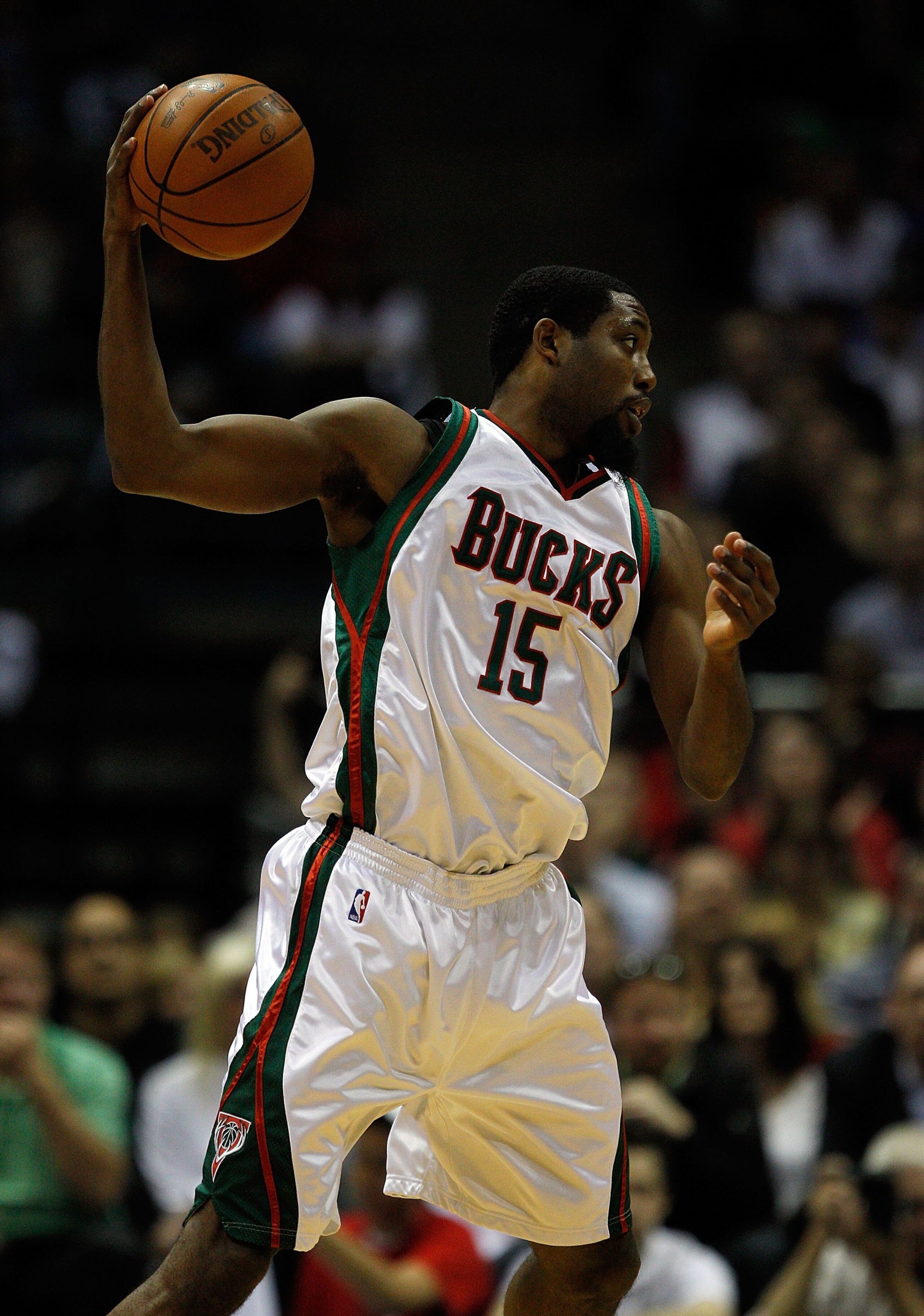 MILWAUKEE - APRIL 26: John Salmons #15 of the Milwaukee Bucks grabs a pass against the Atlanta Hawks in Game Four of the Eastern Conference Quarterfinals during the 2010 NBA Playoffs at the Bradley Center on April 26, 2010 in Milwaukee, Wisconsin. The Buc