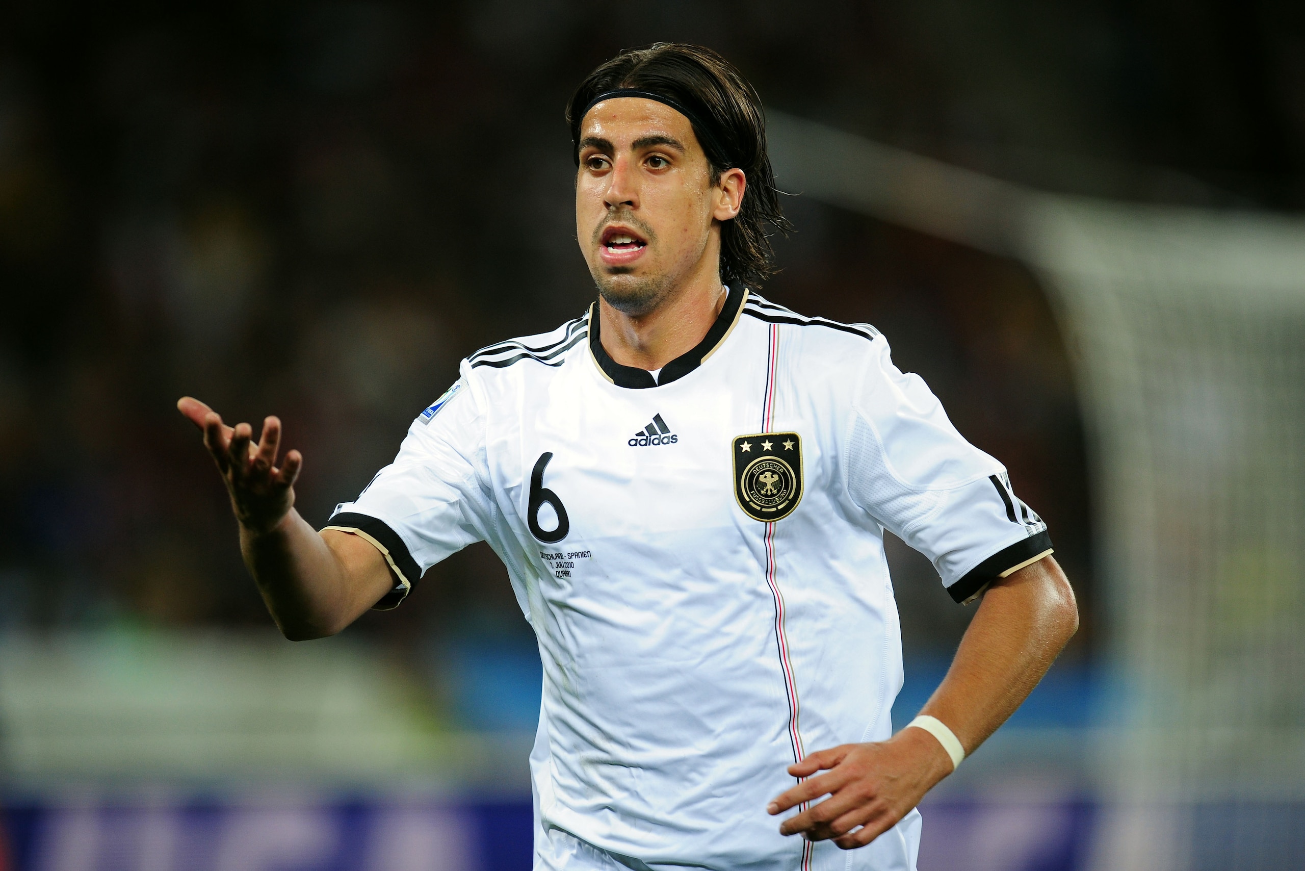 DURBAN, SOUTH AFRICA - JULY 07:  Sami Khedira of Germany reacts during the 2010 FIFA World Cup South Africa Semi Final match between Germany and Spain at Durban Stadium on July 7, 2010 in Durban, South Africa.  (Photo by Clive Mason/Getty Images)