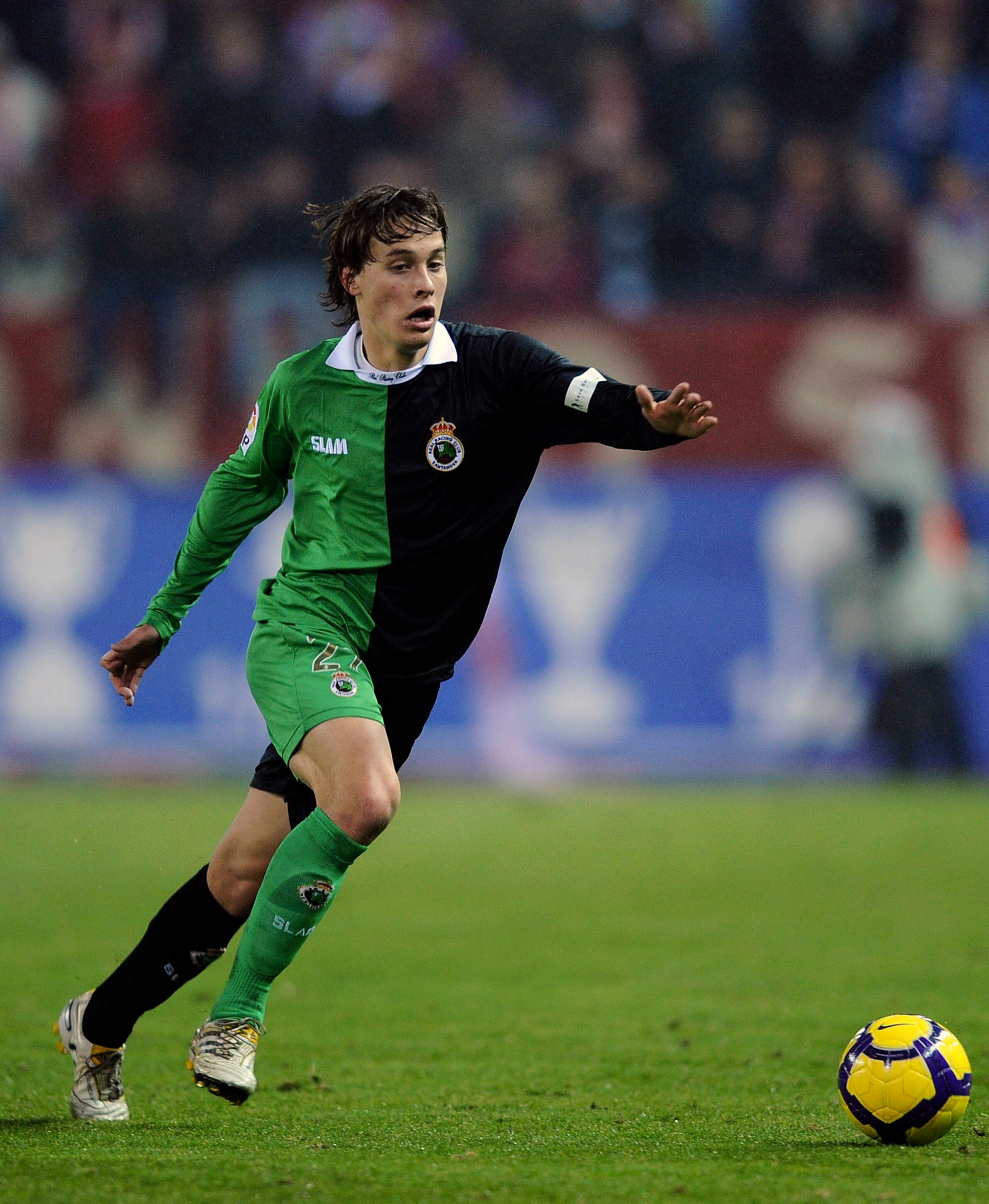 MADRID, SPAIN - FEBRUARY 04:  Sergio Canales of Racing Santander in action during the Copa del Rey semi-final, first leg match between Atletico Madrid and Racing Santander at the Vicente Calderon Stadium on February 4, 2010 in Madrid, Spain.  (Photo by De
