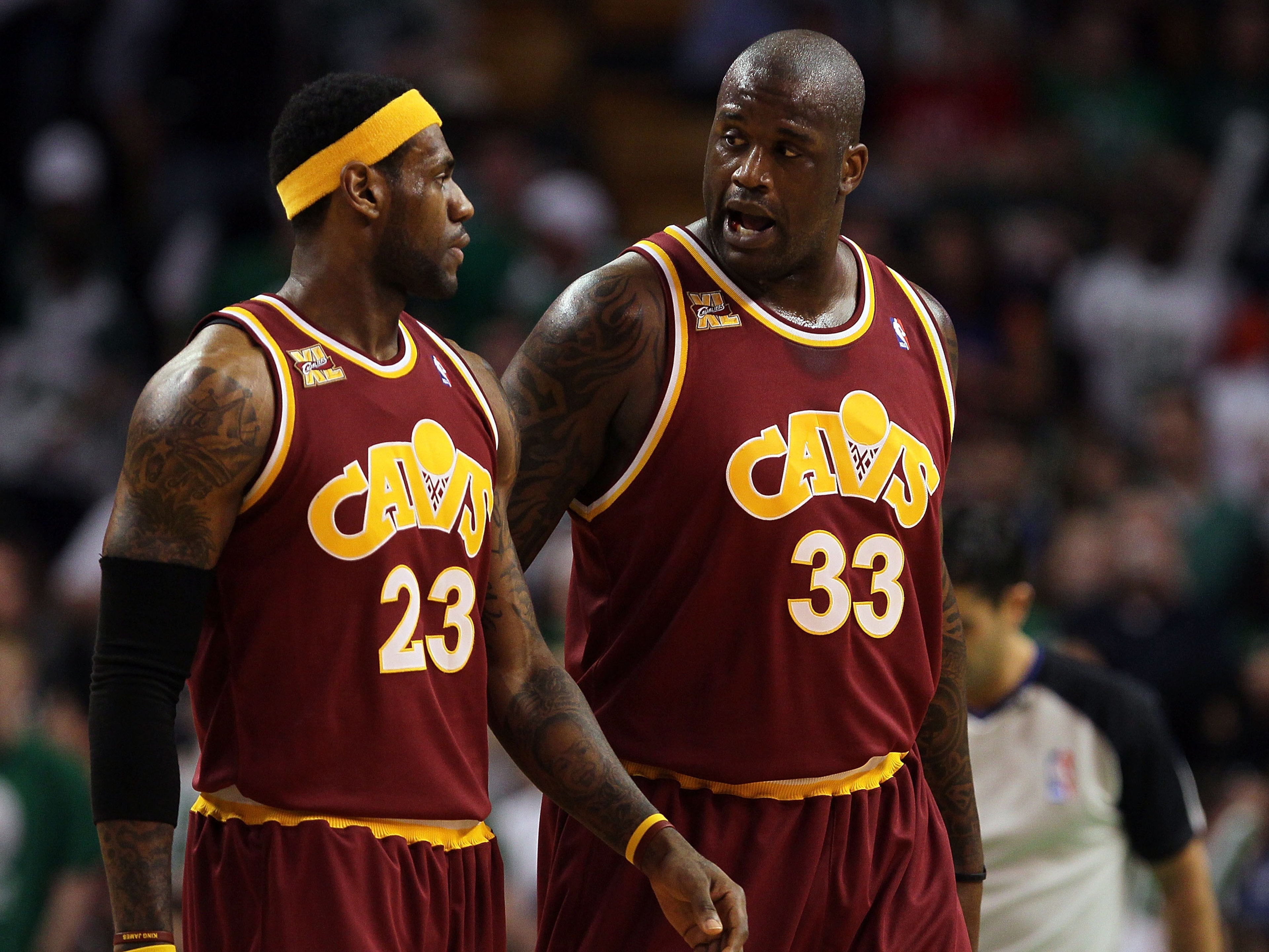 BOSTON - MAY 07:  LeBron James #23 and Shaquille O'Neal #33 of the Cleveland Cavaliers confer during action against  the Boston Celtics in Game Three of the Eastern Conference Semifinals of the 2010 NBA Playoffs at TD Banknorth Garden on May 7, 2010 in Bo