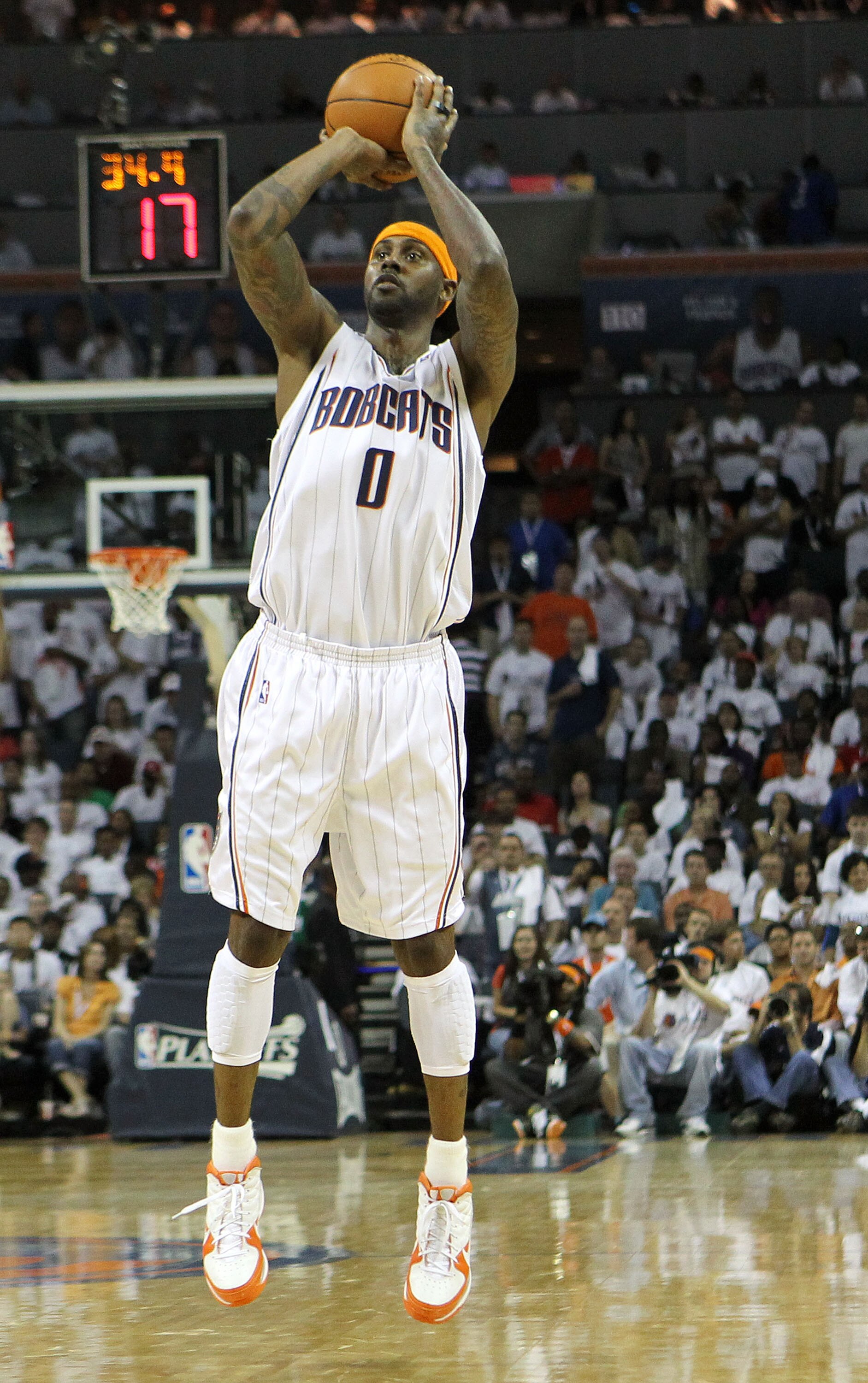CHARLOTTE, NC - APRIL 24:  Guard Larry Hughes #0 of the Charlotte Bobcats shoots a three point shot in the game against the Orlando Magic during Game Three of the Eastern Conference Quarterfinals during the 2010 NBA Playoffs at Time Warner Cable Arena on 