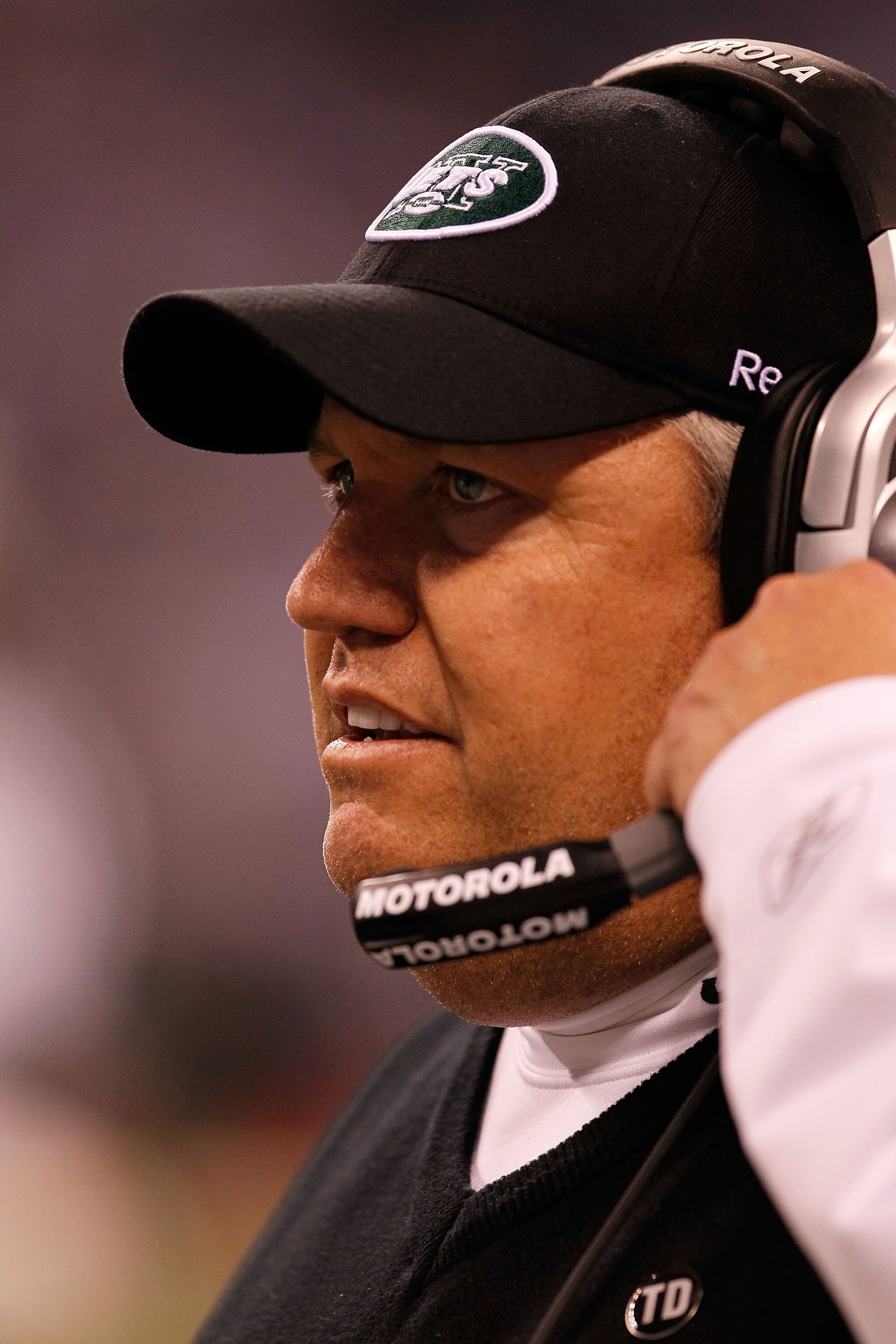 INDIANAPOLIS - JANUARY 24:  Rex Ryan, Head Coach of the New York Jets, looks on while playing against the Indianapolis Colts during the second quarter of the AFC Championship Game at Lucas Oil Stadium on January 24, 2010 in Indianapolis, Indiana.  (Photo 