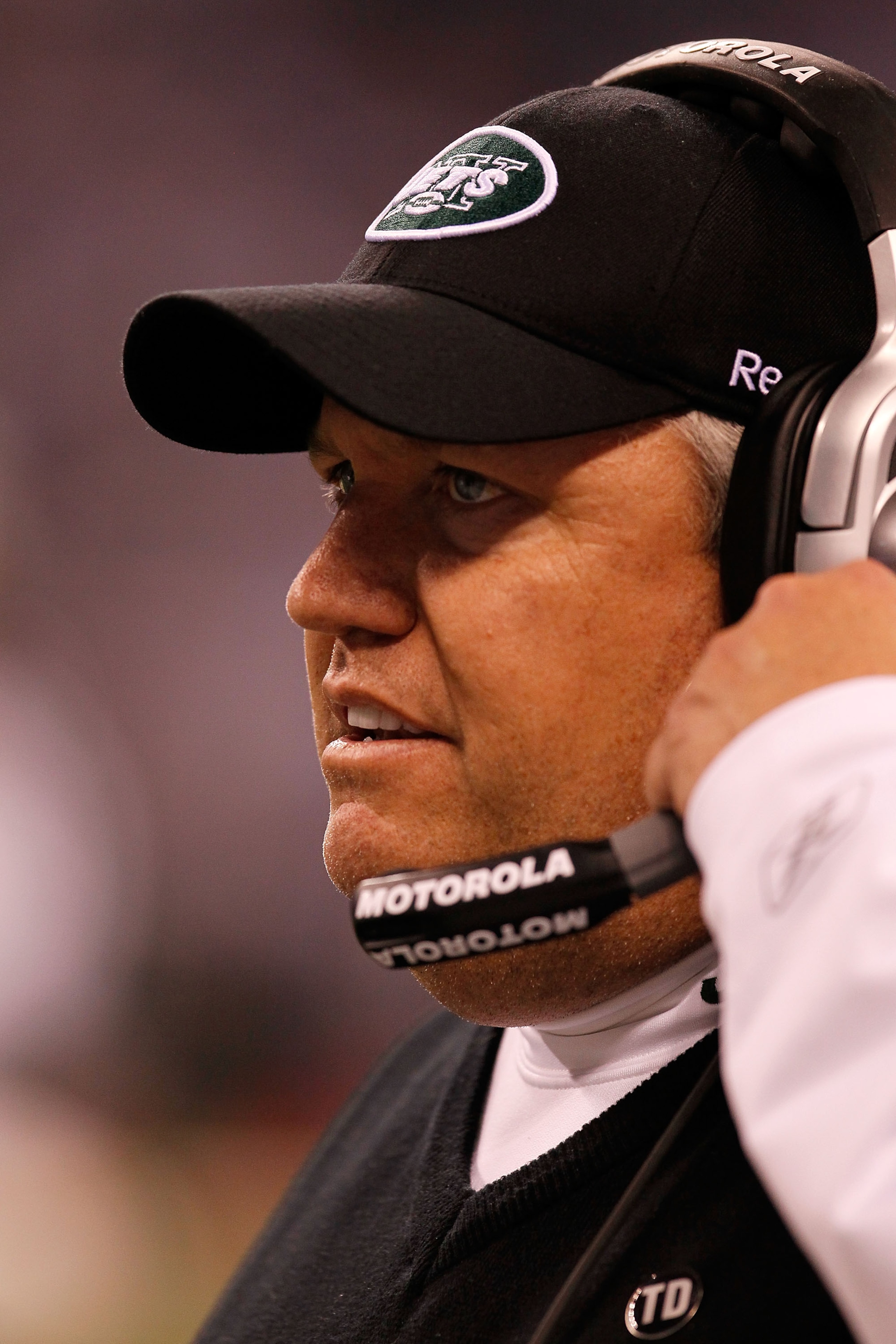 INDIANAPOLIS - JANUARY 24: Rex Ryan, Head Coach of the New York Jets, looks on while playing against the Indianapolis Colts during the second quarter of the AFC Championship Game at Lucas Oil Stadium on January 24, 2010 in Indianapolis, Indiana. (Photo INDIANAPOLIS - JANUARY 24: Rex Ryan, Head Coach of the New York Jets, looks on while playing against the Indianapolis Colts during the second quarter of the AFC Championship Game at Lucas Oil Stadium on January 24, 2010 in Indianapolis, Indiana. (Photo