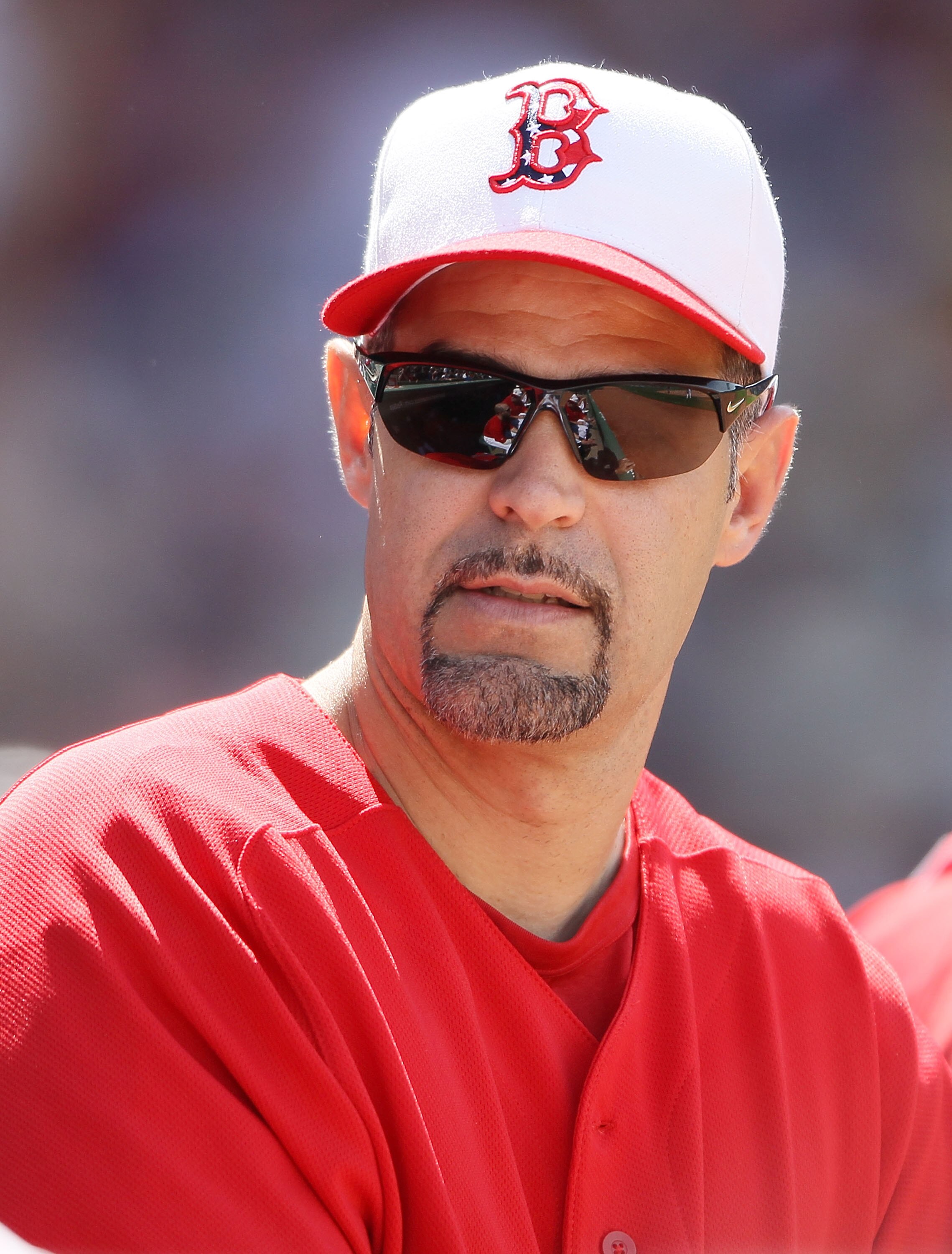 BOSTON - MAY 30:  Mike Lowell #25 of the Boston Red Sox wears a special edition hat in honor of Memorial Day as the Red Sox take on the Kansas City Royals on May 30, 2010 at Fenway Park in Boston, Massachusetts.  (Photo by Elsa/Getty Images)