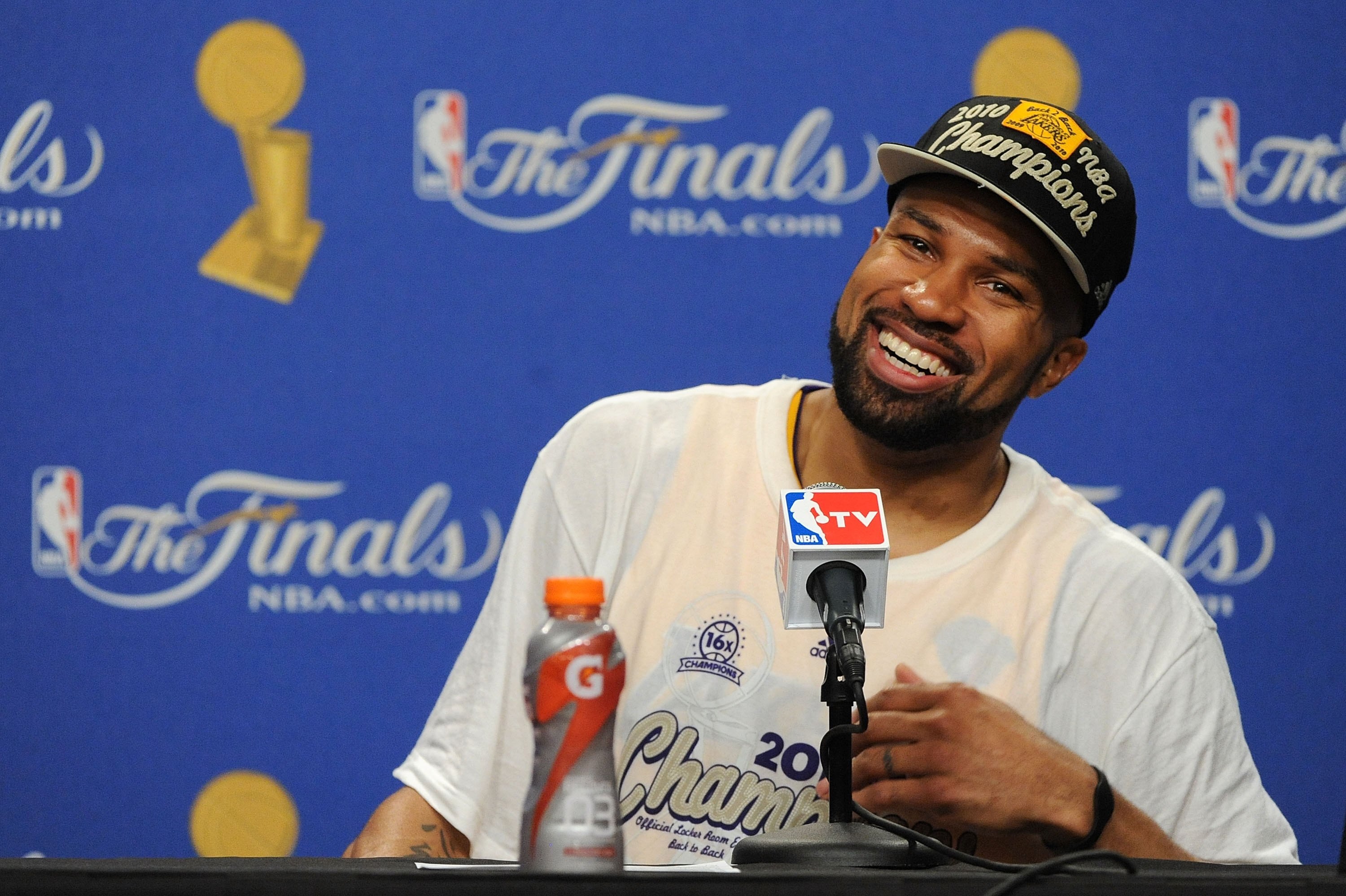 LOS ANGELES, CA - JUNE 17:  Derek Fisher #2of the Los Angeles Lakers speaks during the post game news conference as he celebrates after the Lakers defeated the Boston Celtics 83-79 in Game Seven of the 2010 NBA Finals at Staples Center on June 17, 2010 in