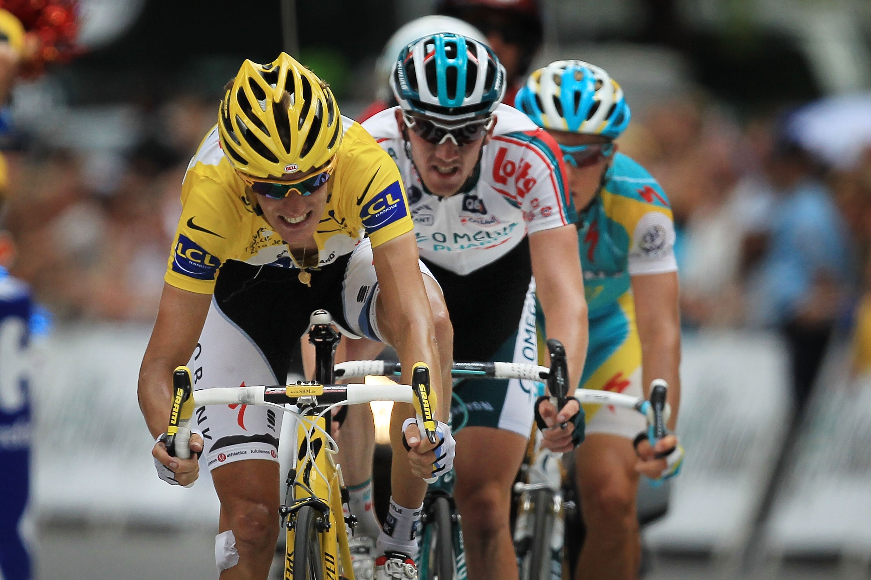 BAGNERES-DE-LUCHON, FRANCE - JULY 19:  Luxembourg's Andy Schleck crosses the finish line after losing the yellow jersey to Spaniard Alberto Contador at the end of stage 15 of the Tour de France on July 19, 2010 in Bagnères-de-Luchon, France. The 187.5km s