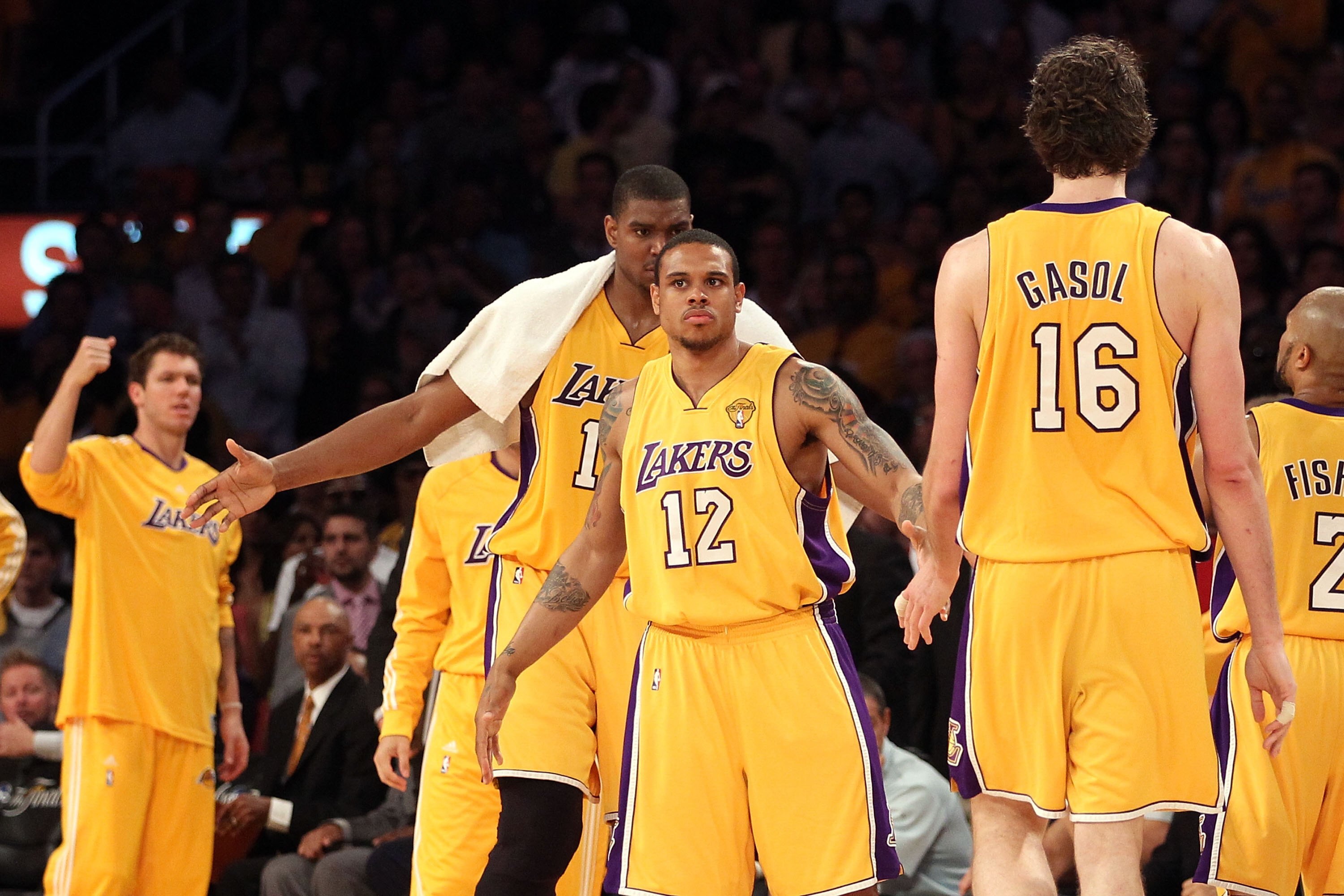 LOS ANGELES, CA - JUNE 17:  Shannon Brown #12 of the Los Angeles Lakers reacts with teammate Pau Gasol #16 in Game Seven of the 2010 NBA Finals against the Boston Celtics at Staples Center on June 17, 2010 in Los Angeles, California.  NOTE TO USER: User e