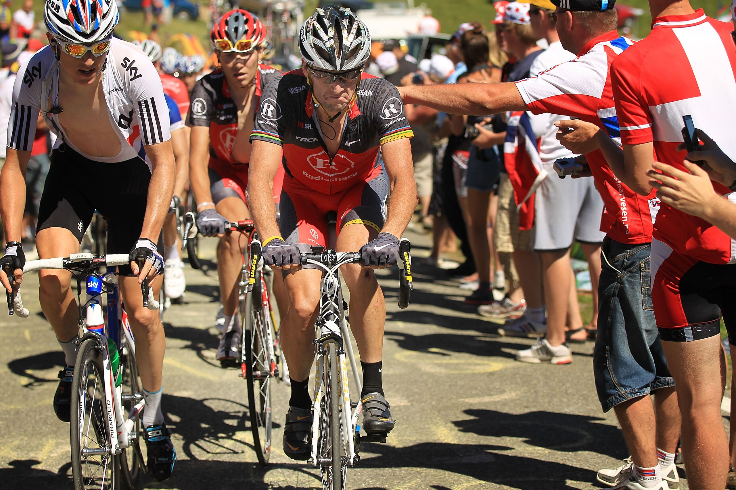 AX-3 DOMAINES, FRANCE - JULY 18: American Lance Armstrong of team RadioShack rides on a climb of Stage 14 of the Tour de France, the first stage to enter the Pyrenees, on July 18, 2010 in Ax 3 Domaines, France. Armstrong currently sits in 38th place. The