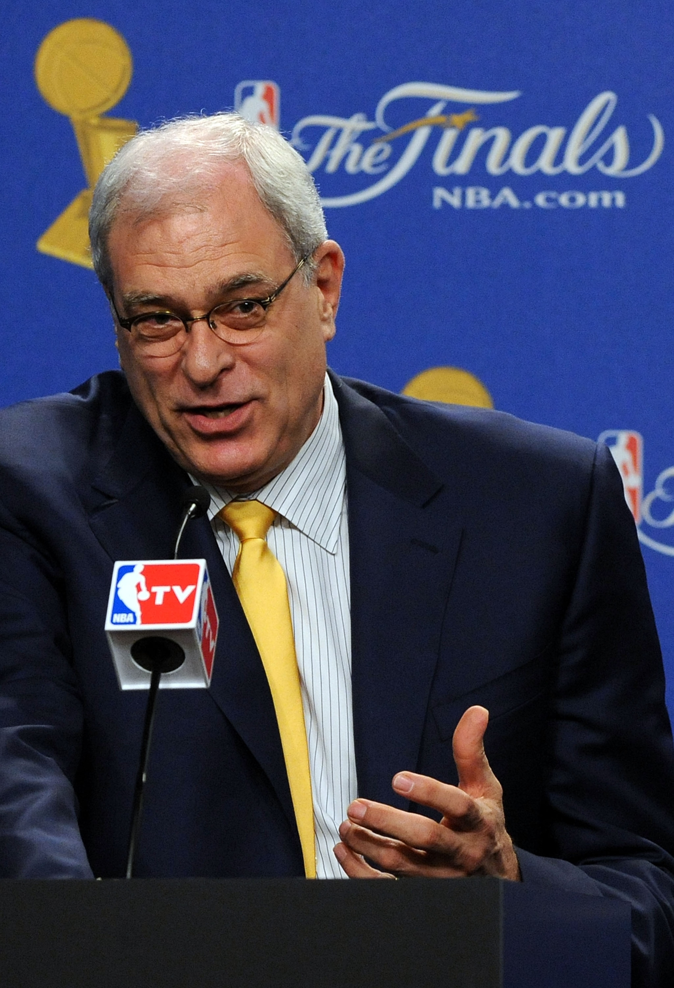 LOS ANGELES, CA - JUNE 17: Head coach Phil Jackson of the Los Angeles Lakers speaks during a pregame news conference before taking on the Boston Celtics in Game Seven of the 2010 NBA Finals at Staples Center on June 17, 2010 in Los Angeles, California. LOS ANGELES, CA - JUNE 17: Head coach Phil Jackson of the Los Angeles Lakers speaks during a pregame news conference before taking on the Boston Celtics in Game Seven of the 2010 NBA Finals at Staples Center on June 17, 2010 in Los Angeles, California.