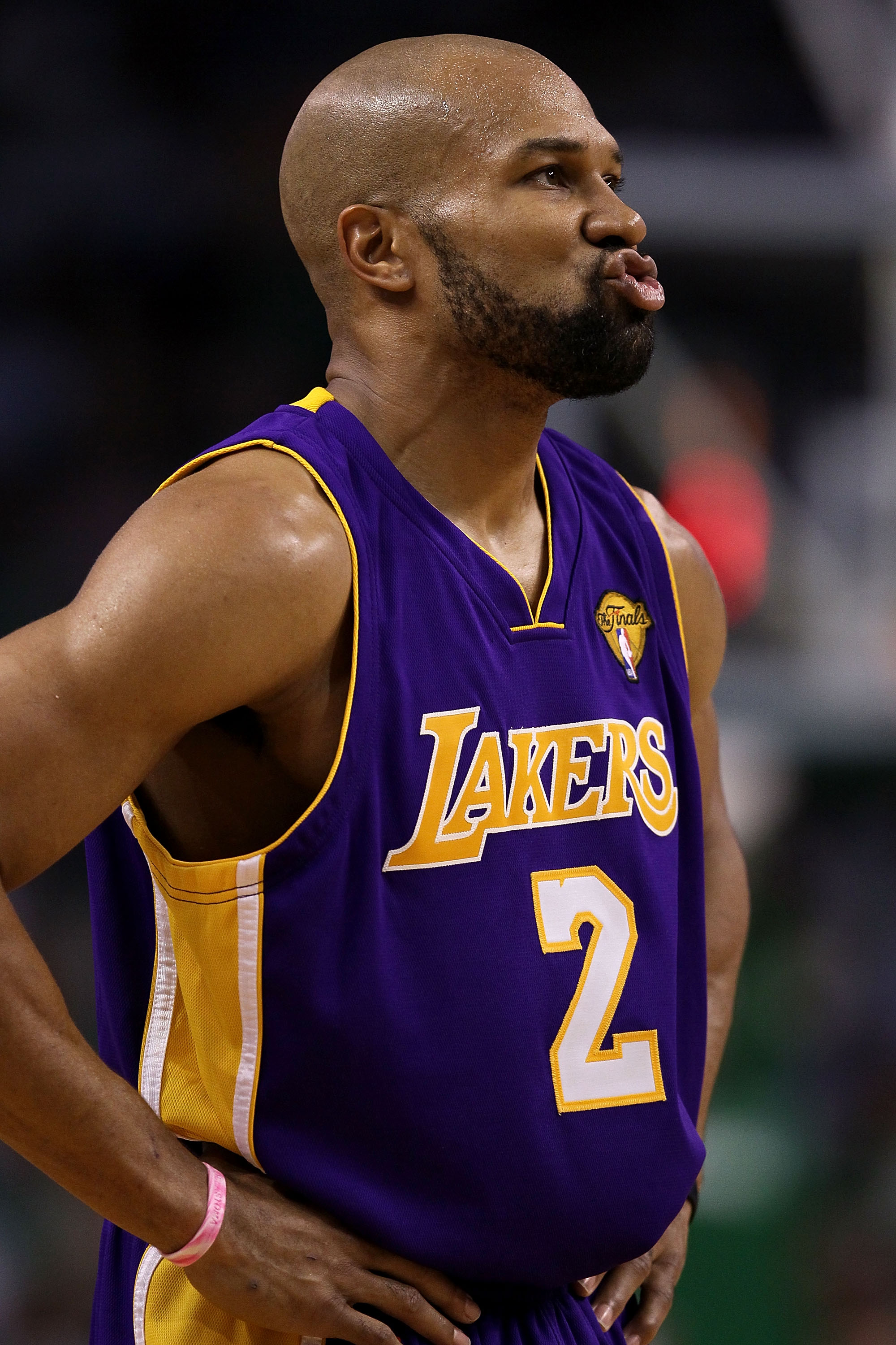 BOSTON - JUNE 10:  Derek Fisher #2 of the Los Angeles Lakers looks across the court in the second half against the Boston Celltics during Game Four of the 2010 NBA Finals on June 10, 2010 at TD Garden in Boston, Massachusetts. NOTE TO USER: User expressly