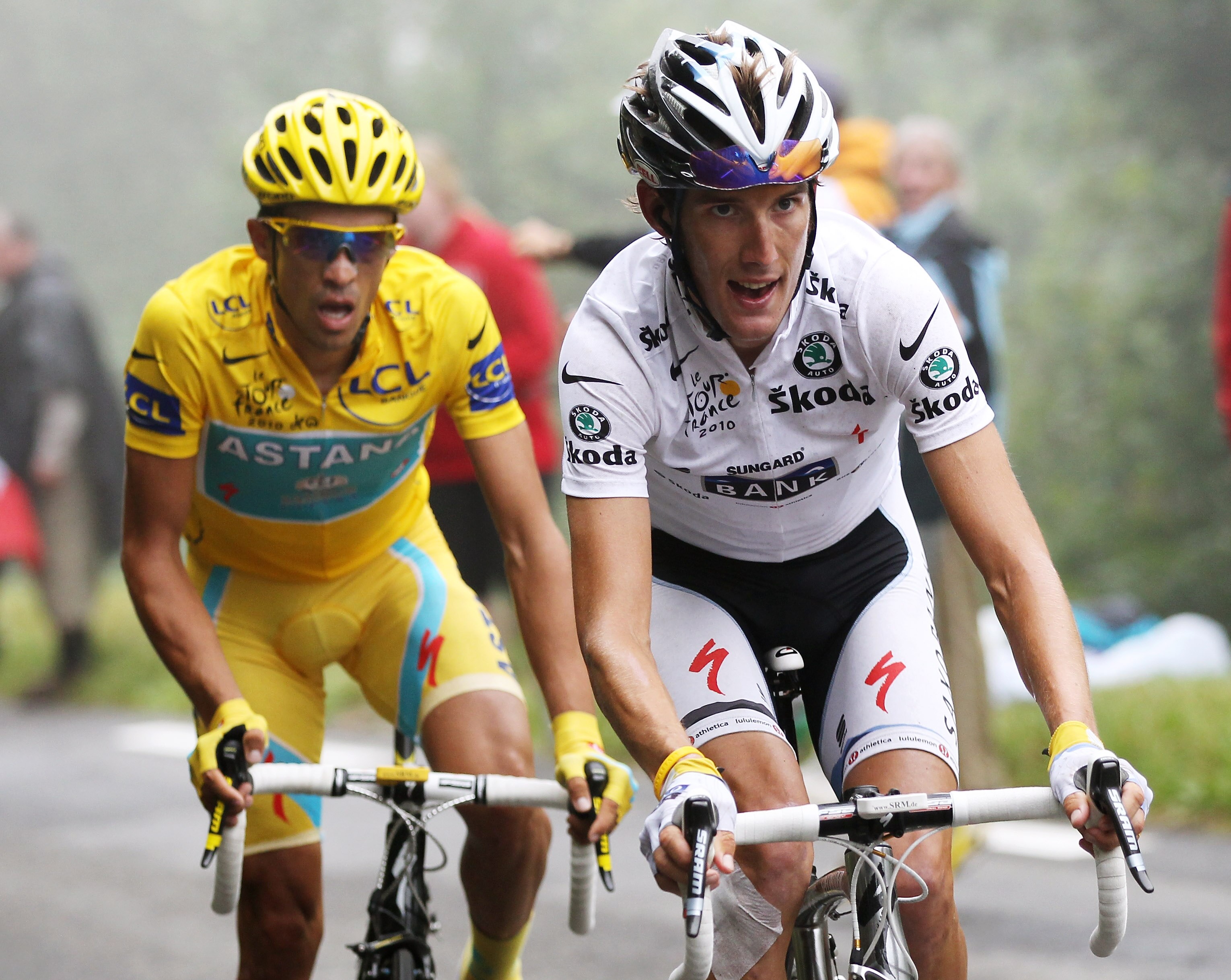 COL DU TOURMALET, FRANCE - JULY 22:  Andy Schleck of Luxembourg and Team Saxo Bank is followed by Alberto Contador of Spain and the Astana Team as he attacks up the slopes of the Col du Tourmalet during stage seventeen of the 2010 Tour de France from Pau 
