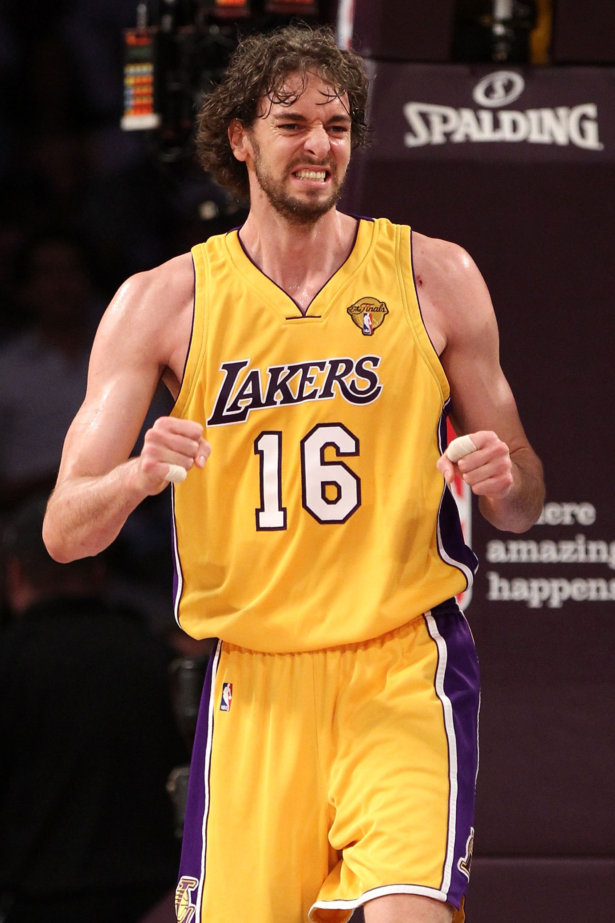 LOS ANGELES, CA - JUNE 15:  Pau Gasol #16 of the Los Angeles Lakers reacts while taking on the Boston Celtics in the first period of Game Six of the 2010 NBA Finals at Staples Center on June 15, 2010 in Los Angeles, California.  NOTE TO USER: User express