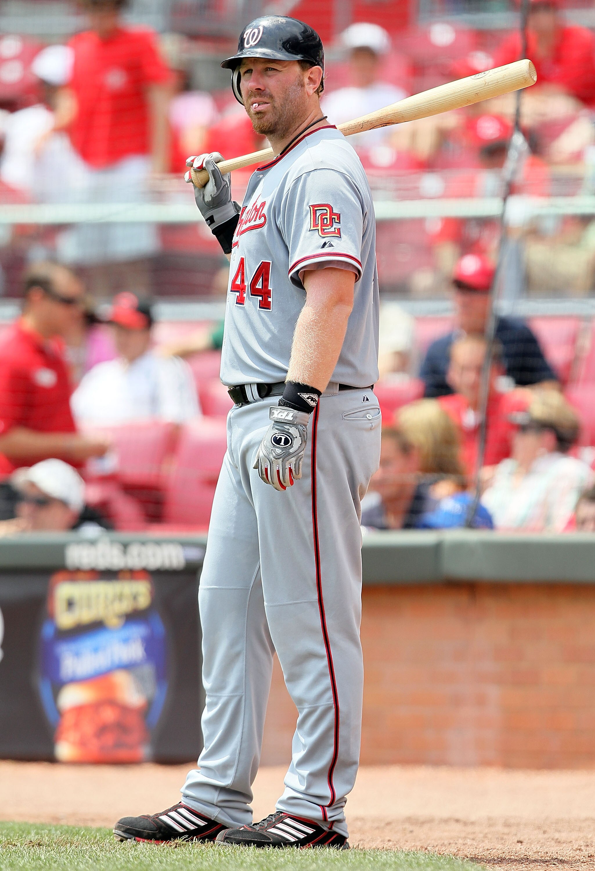 CINCINNATI - JULY 22:  Adam Dunn #44 of the Washington Nationals is pictured during the game against the Cincinnati Reds at Great American Ball Park on July 22, 2010 in Cincinnati, Ohio.  (Photo by Andy Lyons/Getty Images)