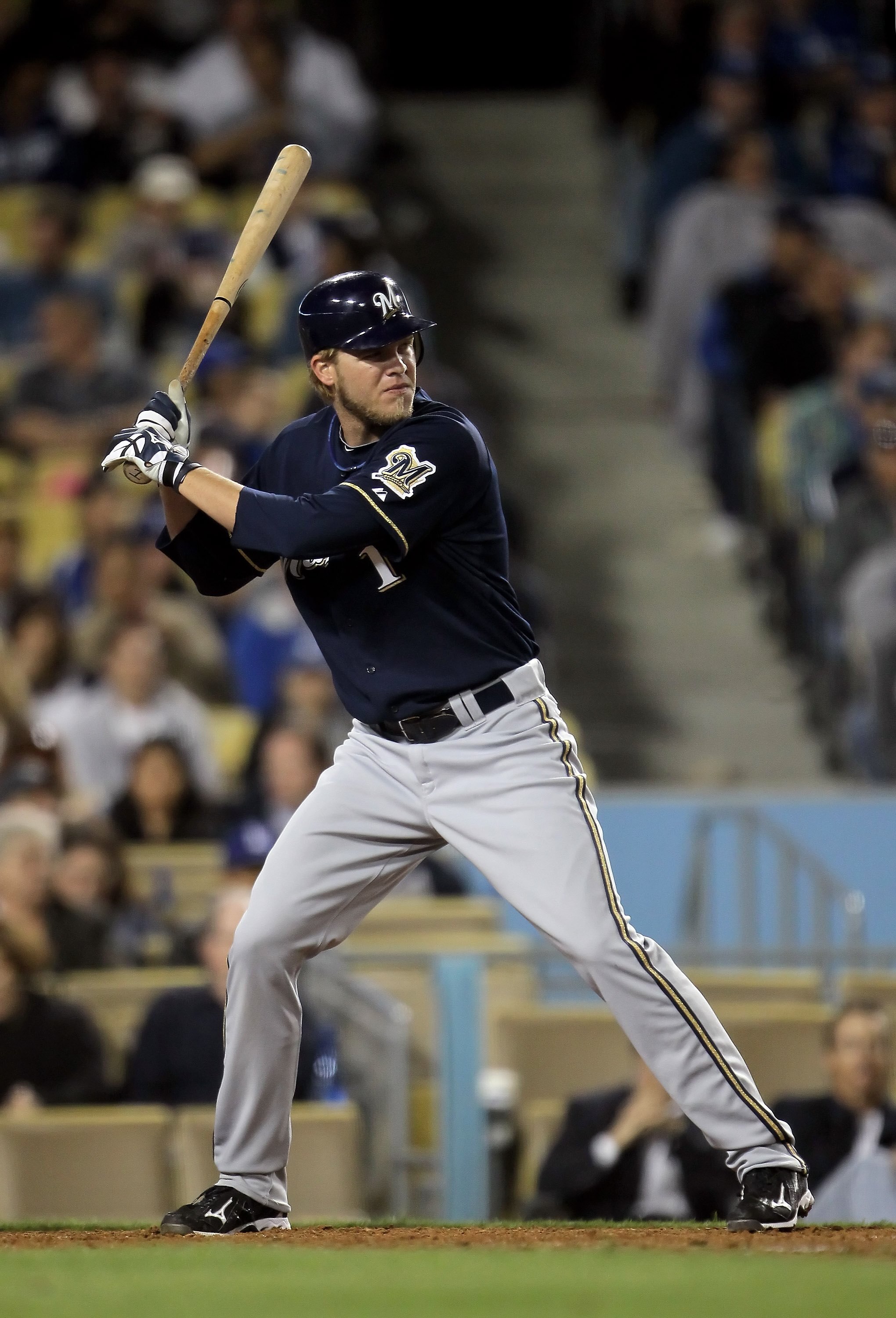 LOS ANGELES, CA - MAY 06:  Corey Hart #1 of the Milwaukee Brewers bats against the Los Angeles Dodgers at Dodger Stadium on May 6, 2010 in Los Angeles, California.  (Photo by Jeff Gross/Getty Images)