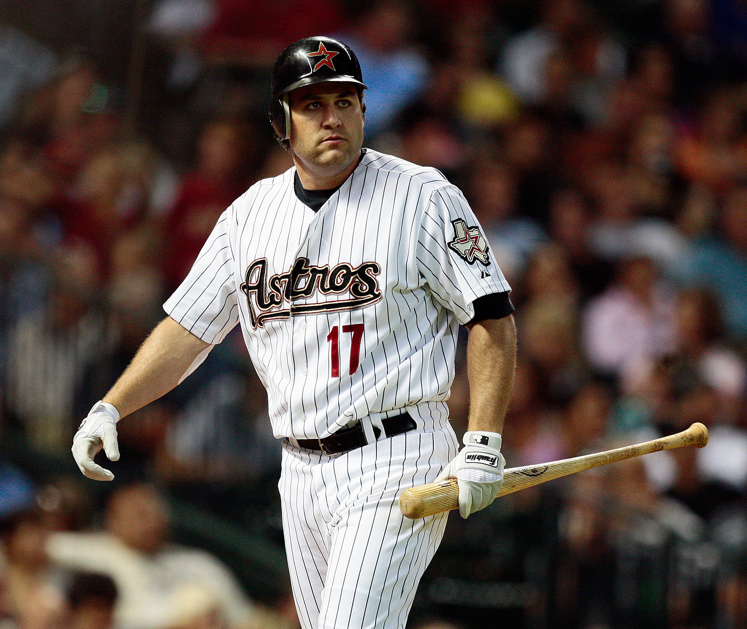 HOUSTON - JUNE 18:  Lance Berkman #17 of the Houston Astros walks back to the dugout after striking out in the sixth inning against the Texas Rangers at Minute Maid Park on June 18, 2010 in Houston, Texas.  (Photo by Bob Levey/Getty Images)
