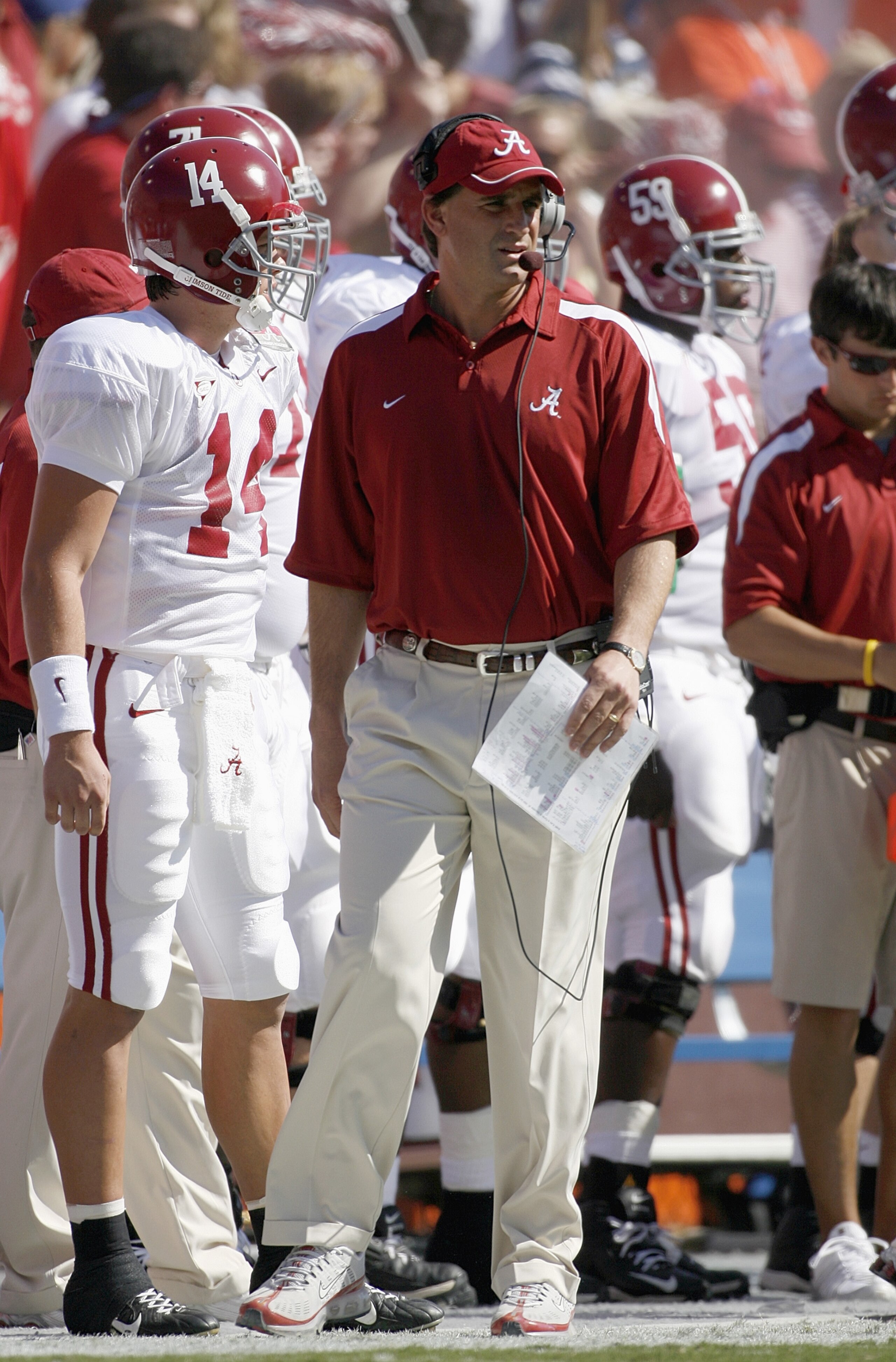 GAINESVILLE, FL - SEPTEMBER 30:  Head coach Mike Shula of the Alabama Crimson Tide walks the sidelines during the game against the Florida Gators September 30, 2006 at Ben Hill Griffin Stadium at Florida Field in Gainsville, Florida. (Photo by Marc Serota