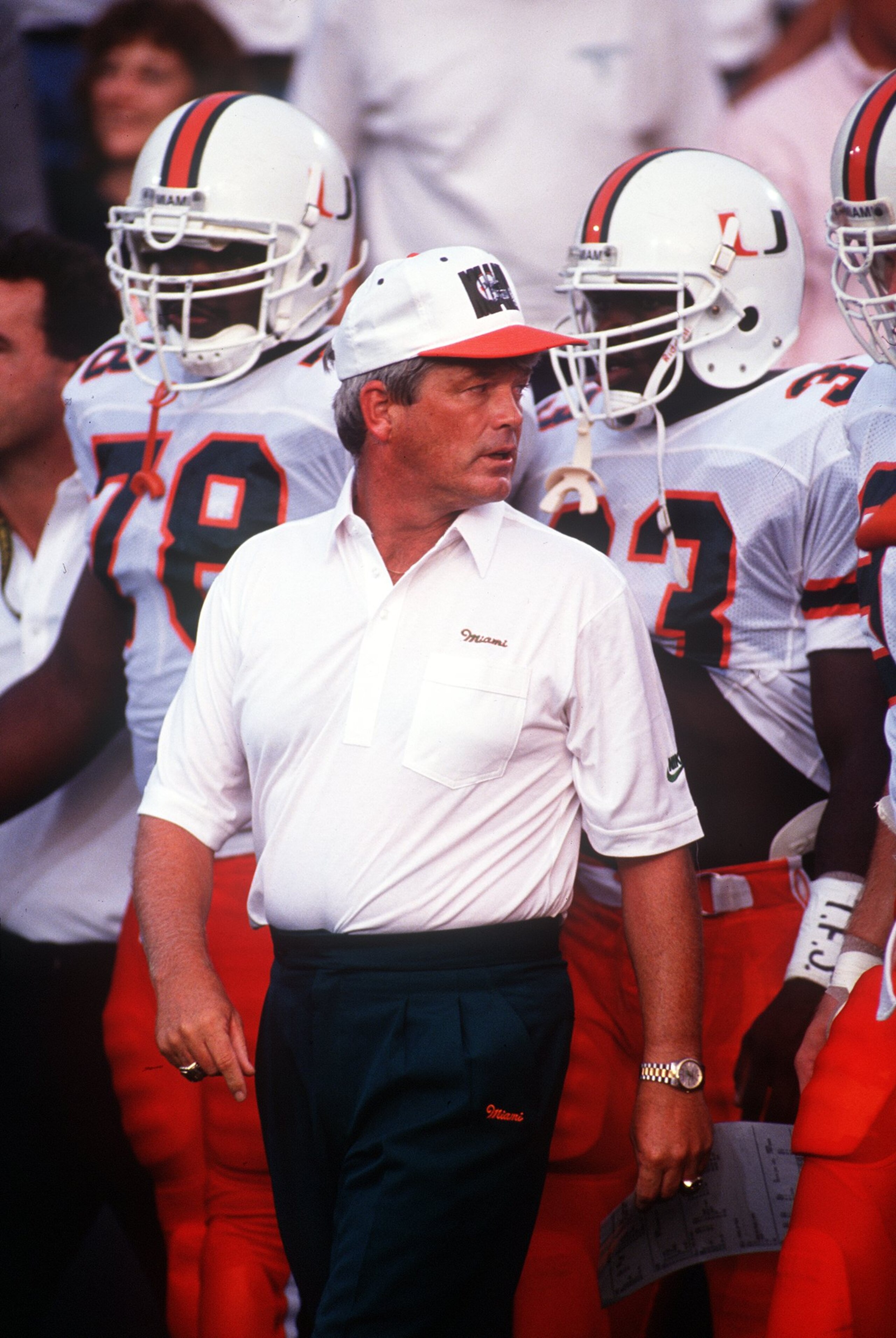 5 SEP 1992:  MIAMI HEAD FOOTBALL COACH DENNIS ERICKSON ON THE SIDELINE DURING A 24-7 WIN OVER IOWA. Mandatory Credit: MATTHEW STOCKMAN/ALLSPORT