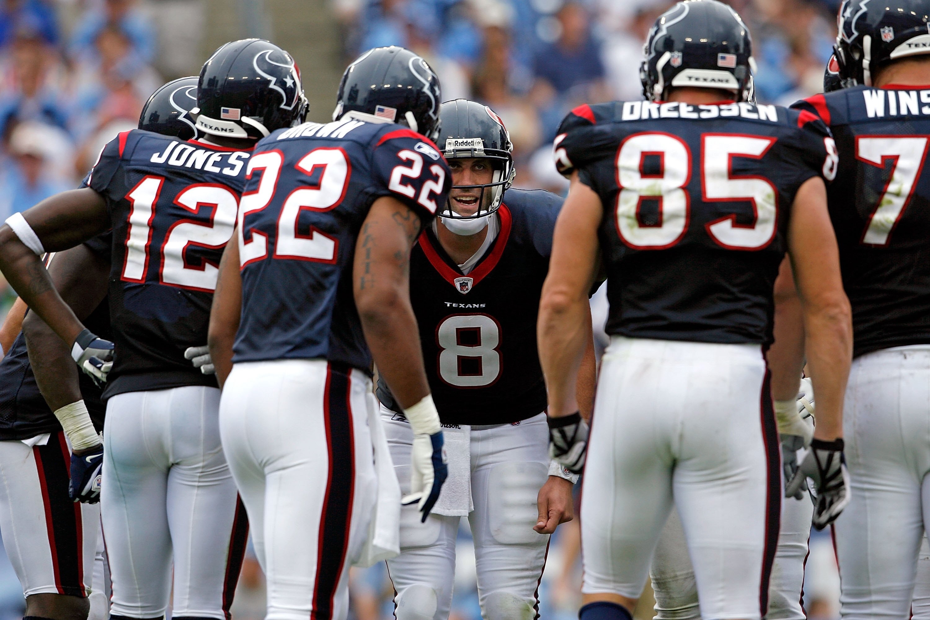 NASHVILLE, TN - SEPTEMBER 20:  Matt Schaub #8 of the Houston Texans is pictured in the huddle against the Tennessee Titans during the NFL game at LP Field on September 20, 2009 in Nashville, Tennessee. The Texans won 34-31.  (Photo by Andy Lyons/Getty Ima