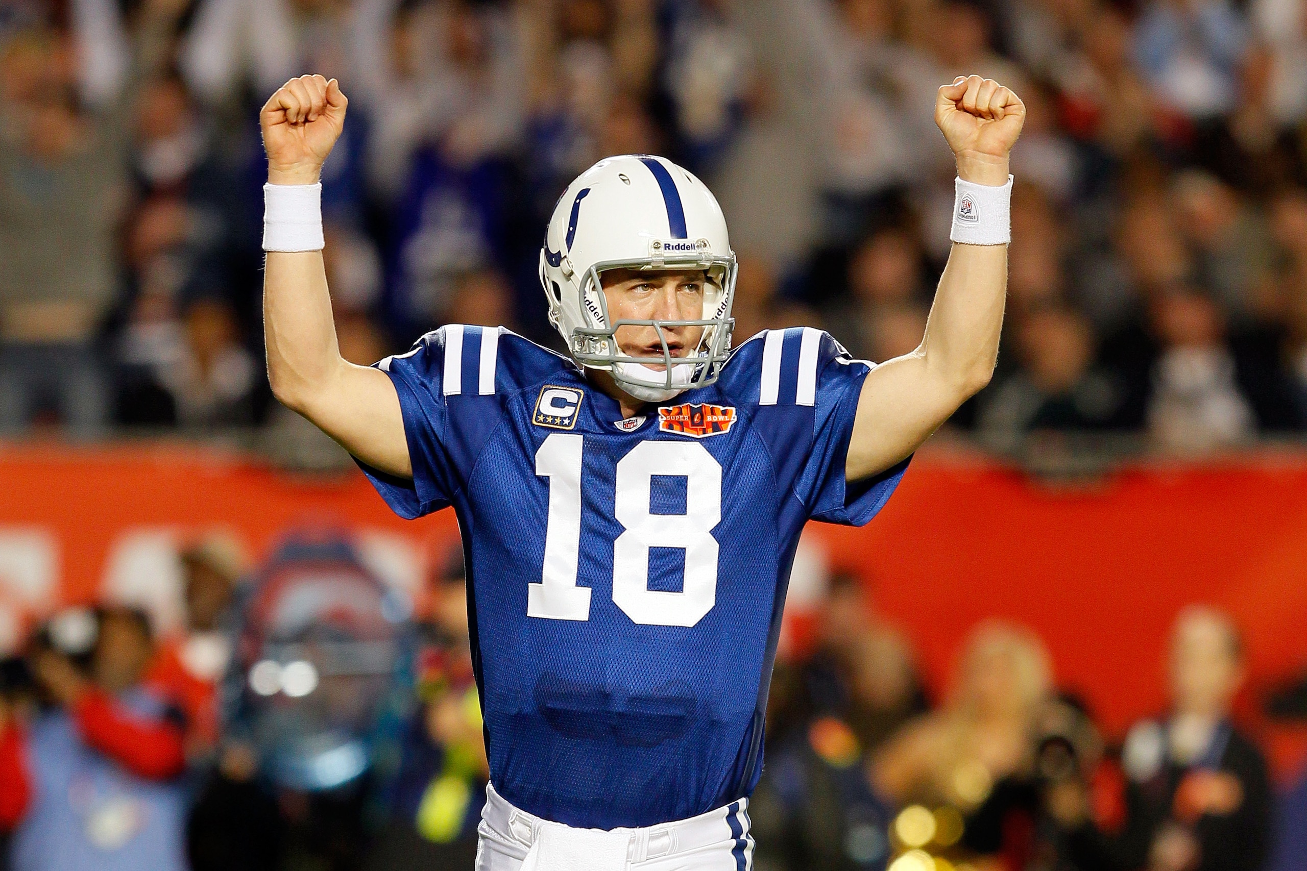 MIAMI GARDENS, FL - FEBRUARY 07:  Peyton Manning #18 of the Indianapolis Colts celebrates after a touchdown in the third quarter against the New Orleans Saints during Super Bowl XLIV on February 7, 2010 at Sun Life Stadium in Miami Gardens, Florida.  (Pho