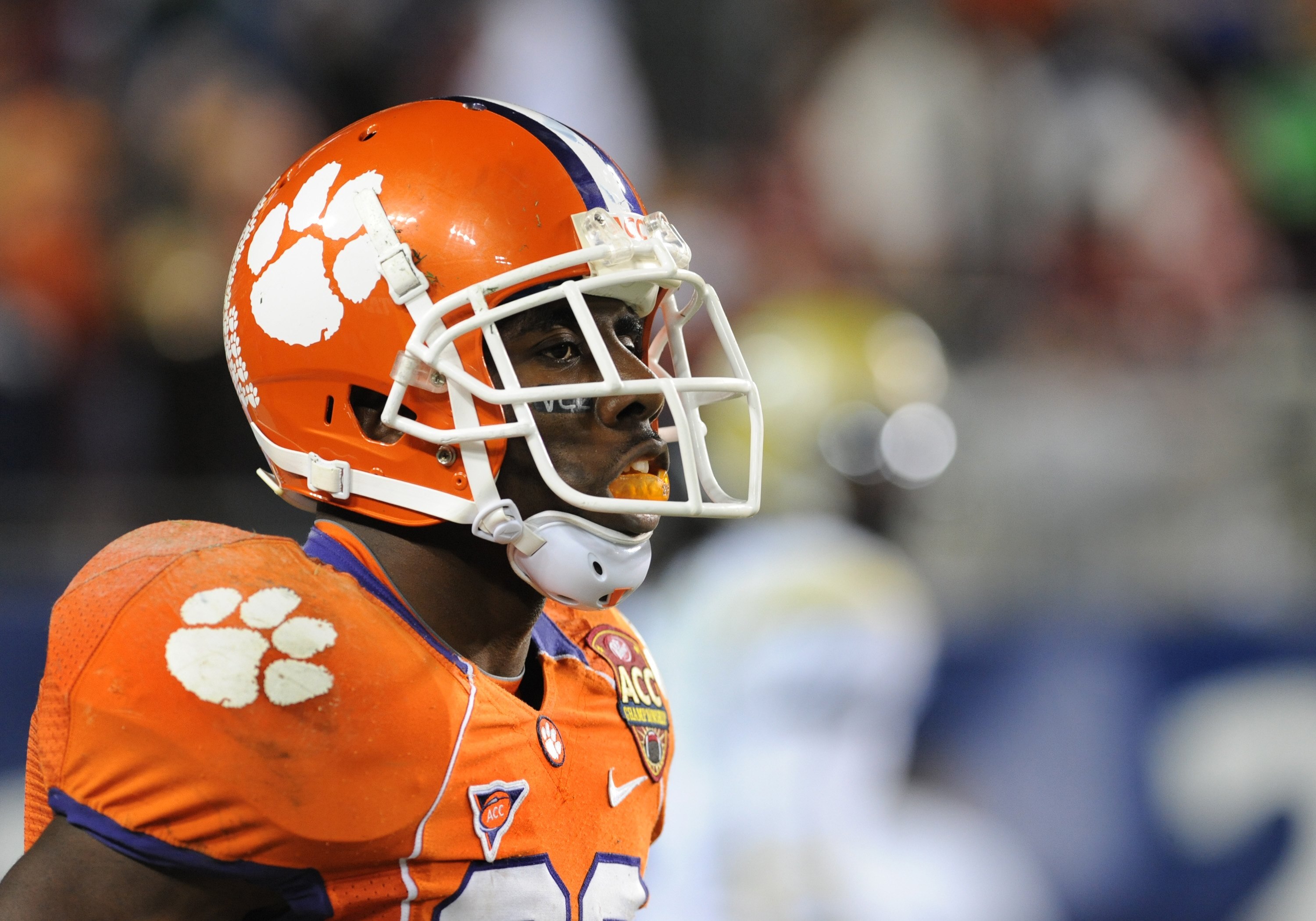 TAMPA, FL - NOVEMBER 28: Running C. J. Spiller #28 of the Clemson Tigers watches play against the Georgia Tech Yellow Jackets in the 2009 ACC Football Championship Game December 5, 2009 at Raymond James Stadium in Tampa, Florida.  (Photo by Al Messerschmi