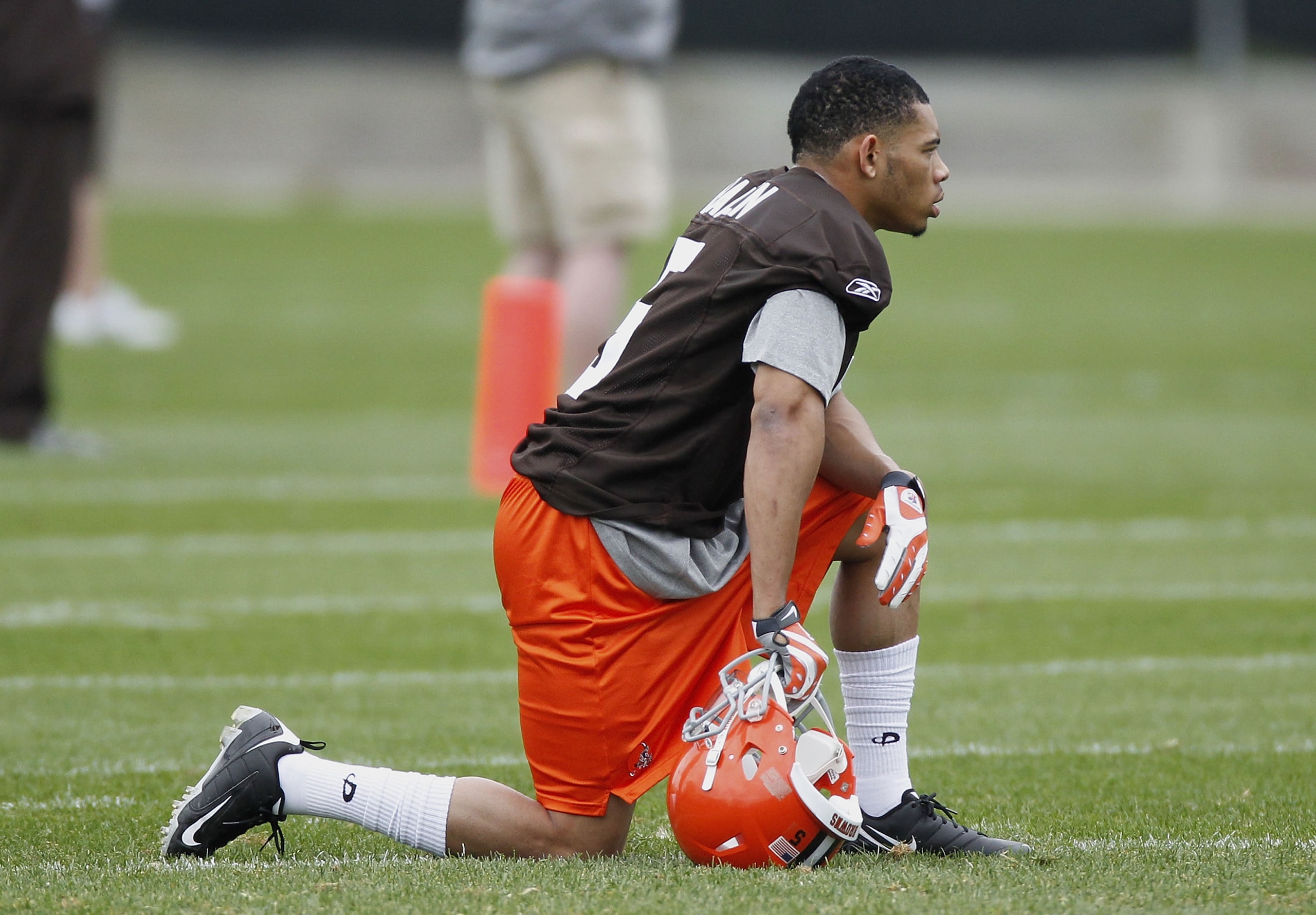 BEREA, OH - MAY 01:  Joe Haden #5 of the Cleveland Browns looks on during rookie mini camp at the Cleveland Browns Training and Administrative Complex on May 1, 2010 in Berea, Ohio.  (Photo by Gregory Shamus/Getty Images)