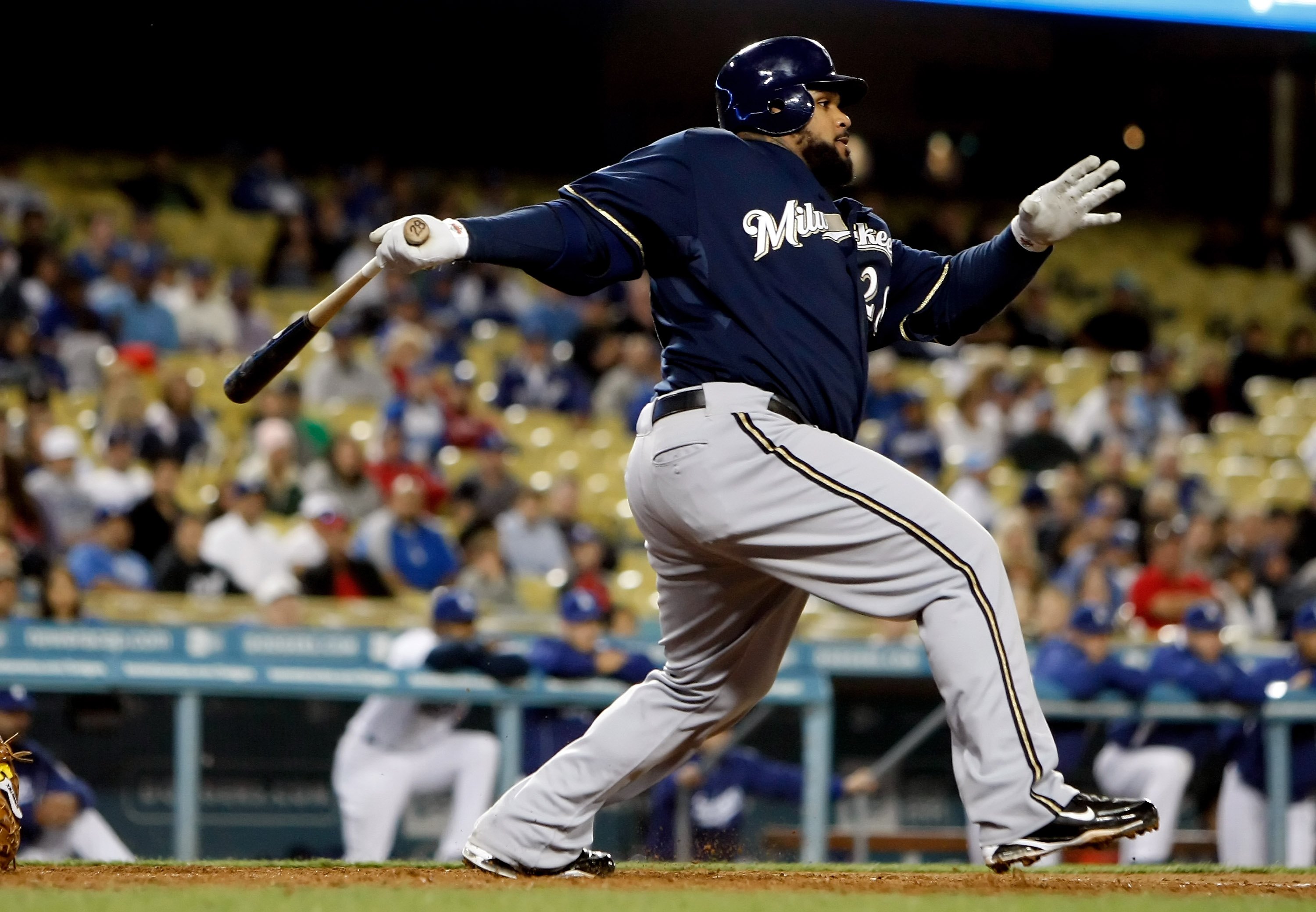 LOS ANGELES, CA - MAY 06:  Prince Fielder #28 of the Milwaukee Brewers bats against the Los Angeles Dodgers at Dodger Stadium on May 6, 2010 in Los Angeles, California.  (Photo by Jeff Gross/Getty Images)