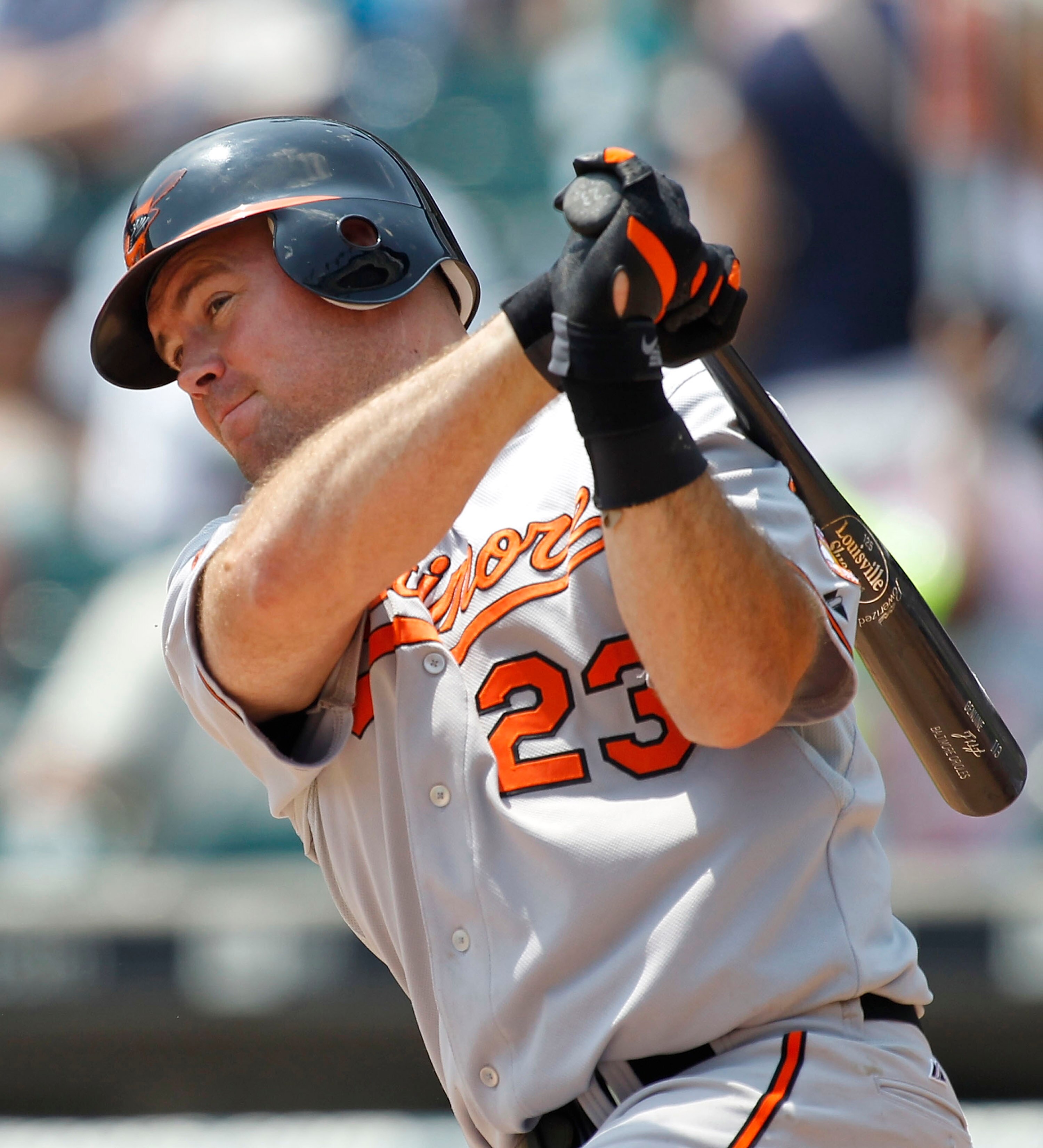DETROIT - JULY 05: Ty Wigginton #23 of the Baltimore Orioles doubles to left field scoring Miguel Tejada during the second inning of the game against the Detroit Tigers on July 5, 2010 at Comerica Park in Detroit, Michigan. The Tigers defeated the Orioles