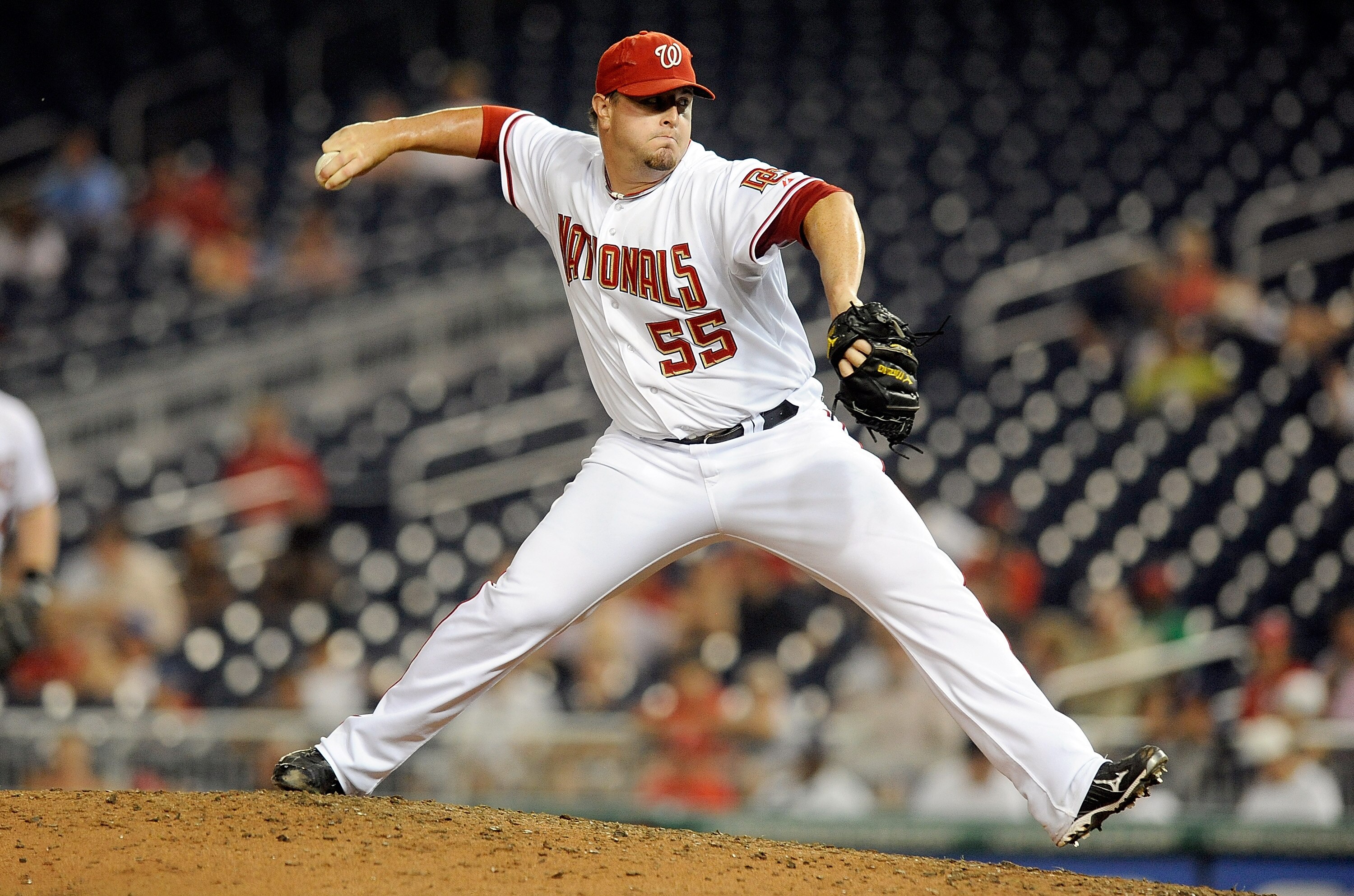 WASHINGTON - JULY 06:  Matt Capps #55 of the Washington Nationals pitches against the San Diego Padres at Nationals Park on July 6, 2010 in Washington, DC.  (Photo by Greg Fiume/Getty Images)