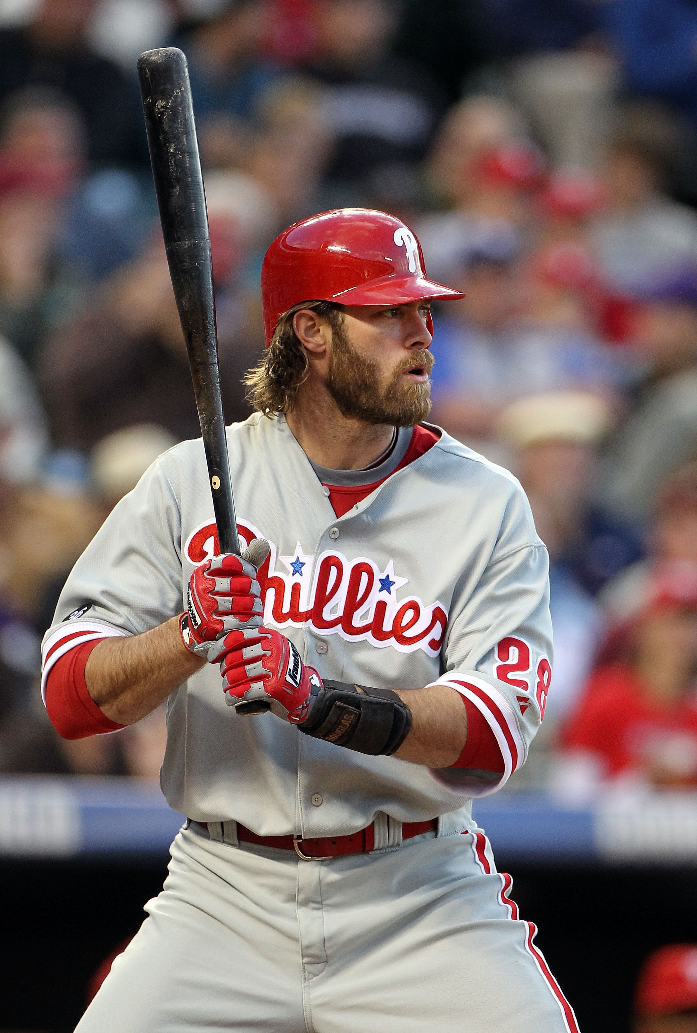 DENVER - MAY 10:  Jason Werth #28 of the Philadelphia Phillies takes an at bat against the Colorado Rockies at Coors Field on May 10, 2010 in Denver, Colorado. The Phillies defeated the Rockies 9-5.  (Photo by Doug Pensinger/Getty Images)
