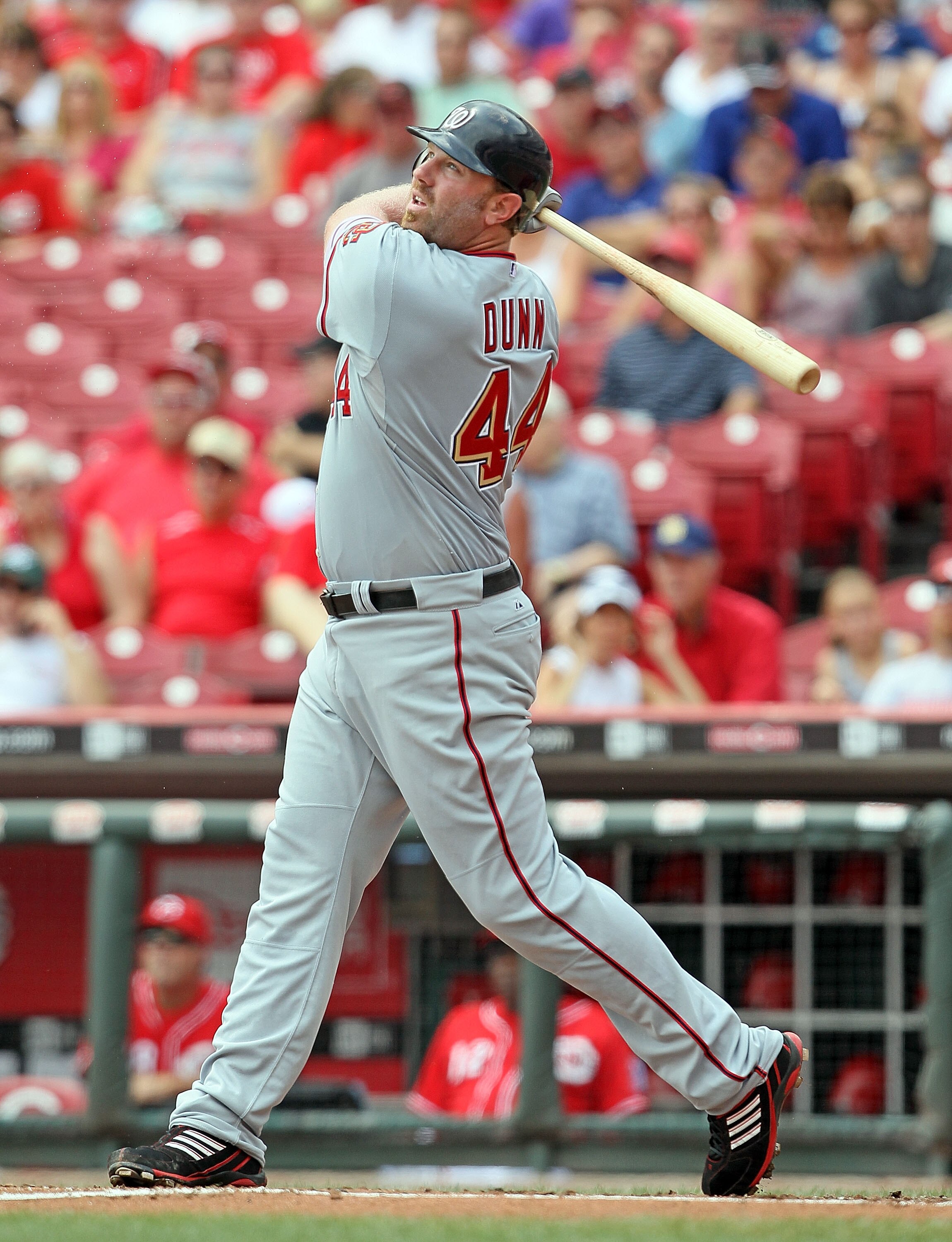 CINCINNATI - JULY 22:  Adam Dunn #44 of the Washington Nationals hits a home run during the game against the Cincinnati Reds at Great American Ball Park on July 22, 2010 in Cincinnati, Ohio.  (Photo by Andy Lyons/Getty Images)