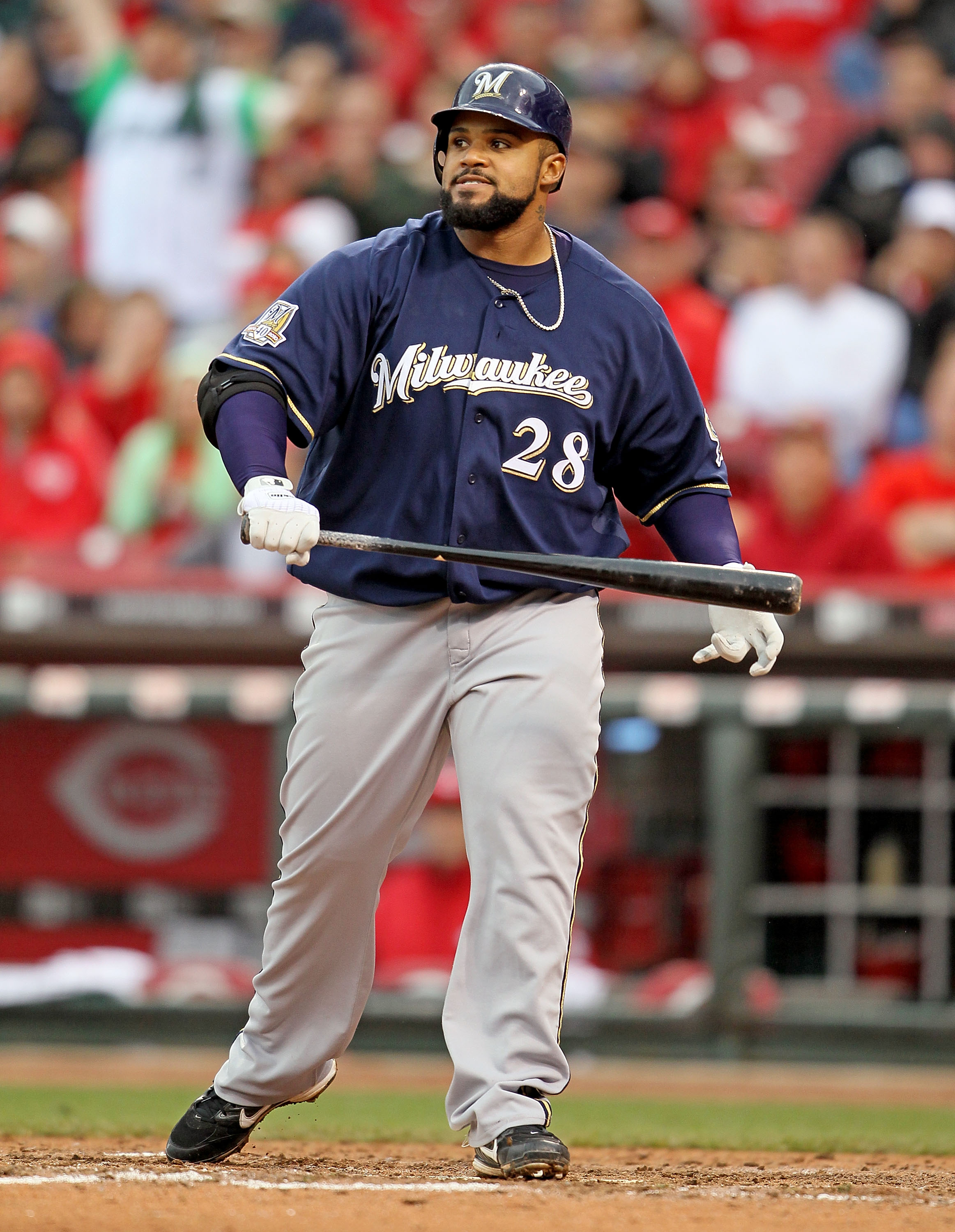 CINCINNATI - MAY 18:  Prince Fielder #28 of the Milwaukee Brewers is pictured after striking out during the game against the Cincinnati Reds at Great American Ball Park on May 18, 2010 in Cincinnati, Ohio.  (Photo by Andy Lyons/Getty Images)
