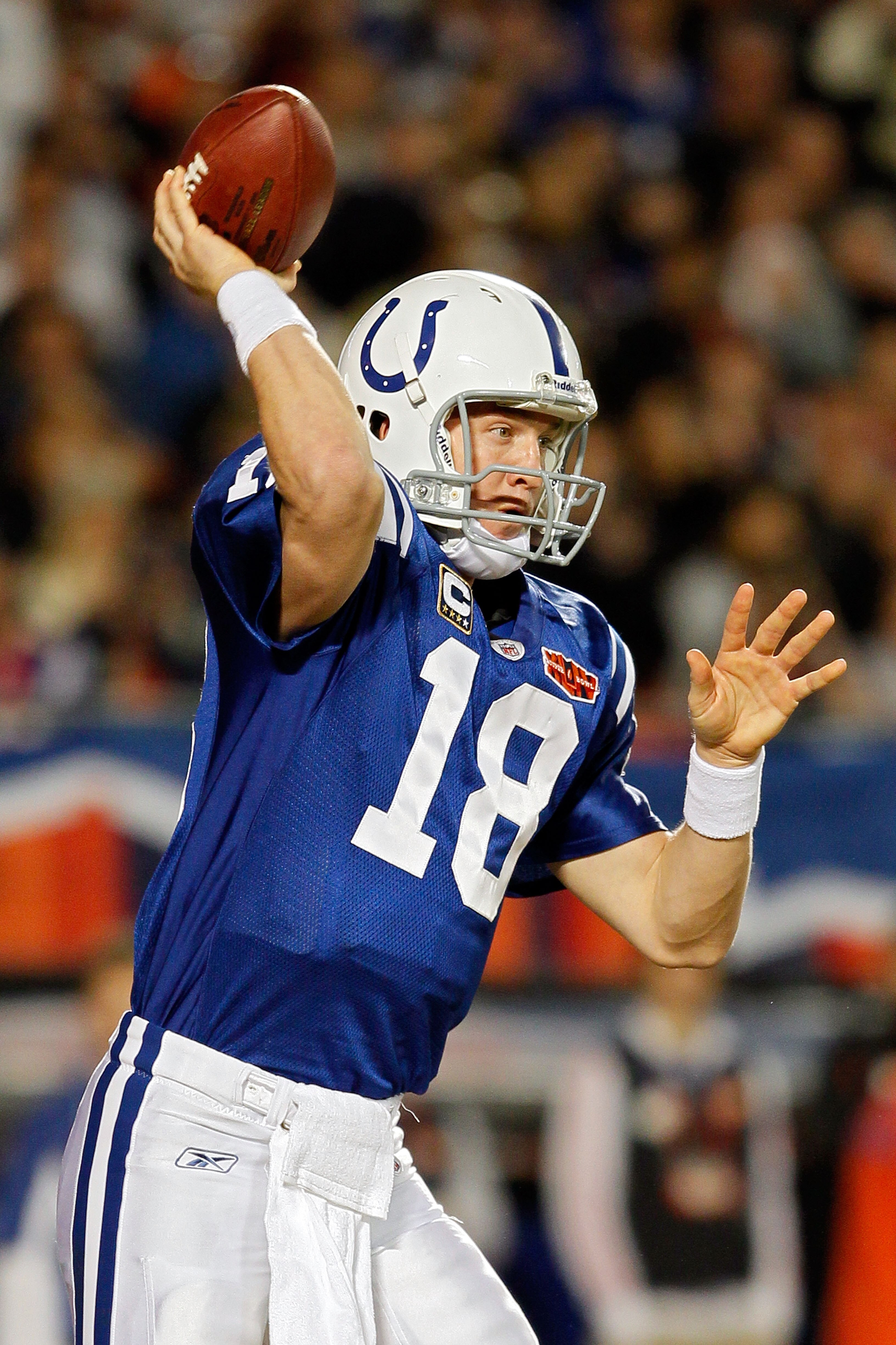MIAMI GARDENS, FL - FEBRUARY 07:  Quarterback Peyton Manning #18 of the Indianapolis Colts passes against the New Orleans Saints during Super Bowl XLIV on February 7, 2010 at Sun Life Stadium in Miami Gardens, Florida.  (Photo by Andy Lyons/Getty Images)