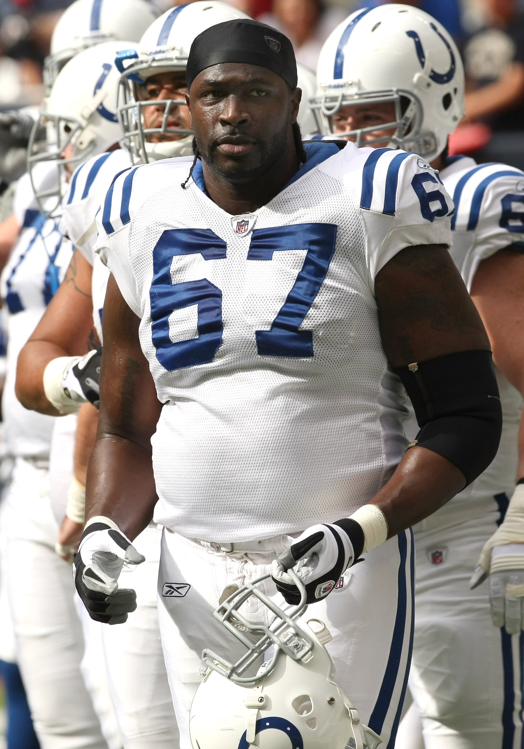 HOUSTON - NOVEMBER 29: Guard Tony Ugoh #67 of the Indianapolis Colts warms up for the game against the Houston Texans on November 29, 2009  at Reliant Stadium in Houston, Texas. The Colts won 35-27.  (Photo by Stephen Dunn/Getty Images)