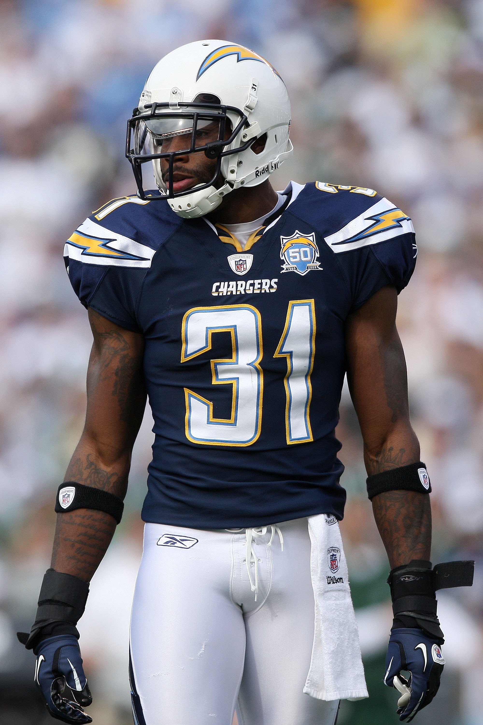 SAN DIEGO - JANUARY 17:  Cornerback Antonio Cromartie #31 of the San Diego Chargers stands on the field during the AFC Divisional Playoff Game against the New York Jets at Qualcomm Stadium on January 17, 2010 in San Diego, California.  (Photo by Donald Mi