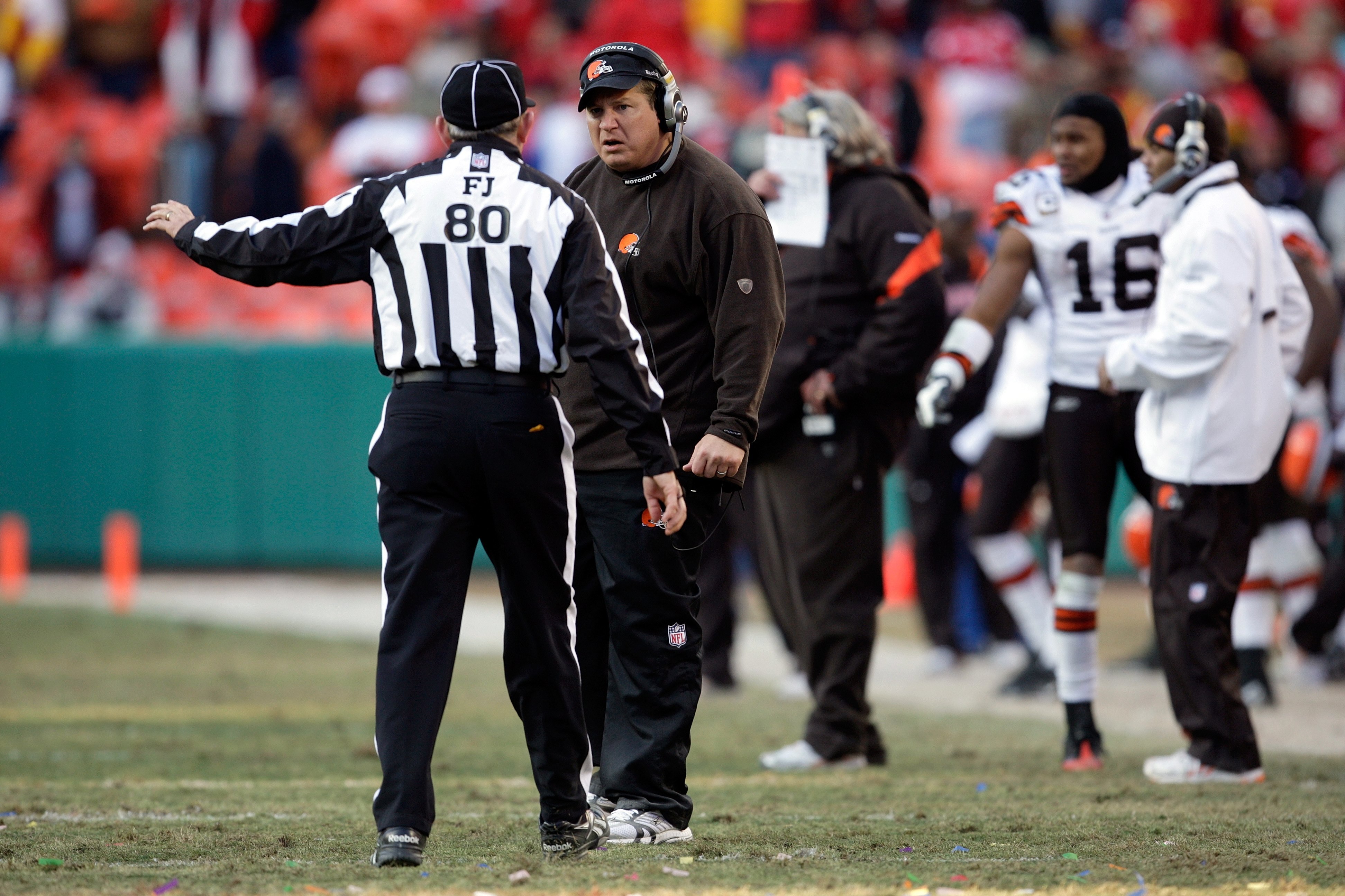 KANSAS CITY, MO - DECEMBER 20:  Head Coach Eric Mangini of the Cleveland Browns listens to the referee during their NFL game against the Kansas City Chiefs on December 20, 2009 at Arrowhead Stadium in Kansas City, Missouri. The Browns defeated the Chiefs