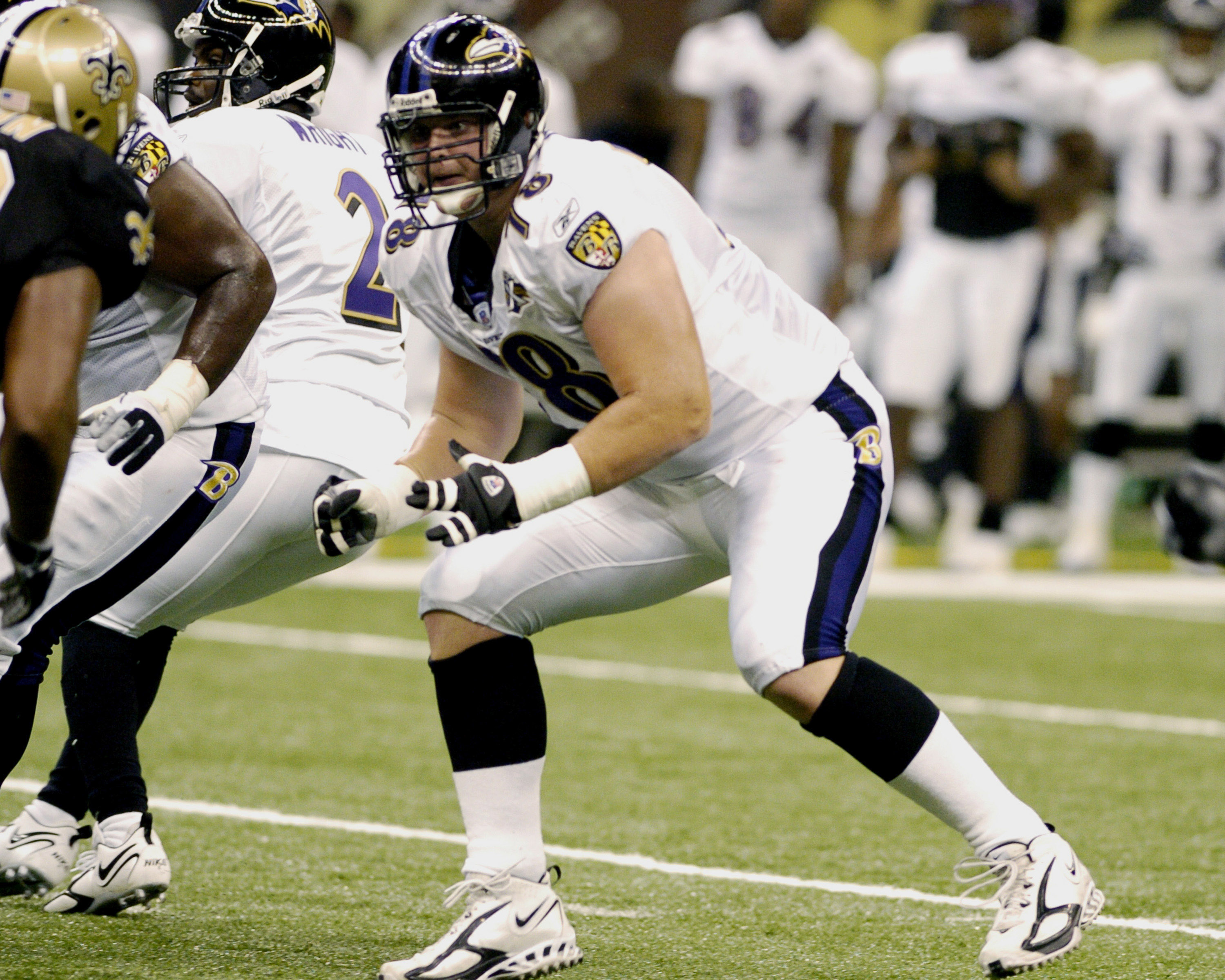 Baltimore Ravens tackle Adam Terry  sets to block   during a pre-season game against the New Orleans Saints August 26, 2005 in New Orleans.  (Photo by Al Messerschmidt/Getty Images)