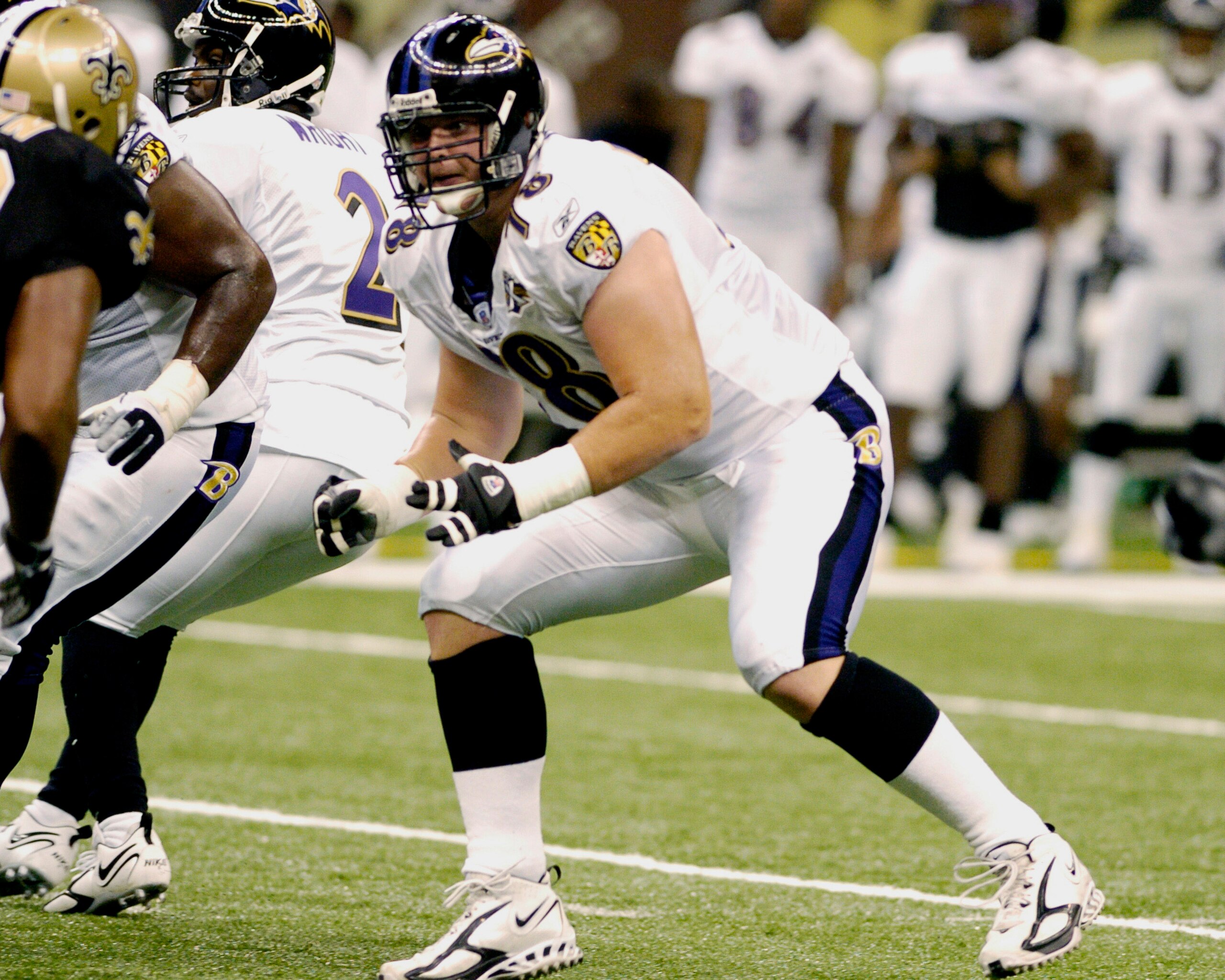 Baltimore Ravens tackle Adam Terry  sets to block   during a pre-season game against the New Orleans Saints August 26, 2005 in New Orleans.  (Photo by Al Messerschmidt/Getty Images)