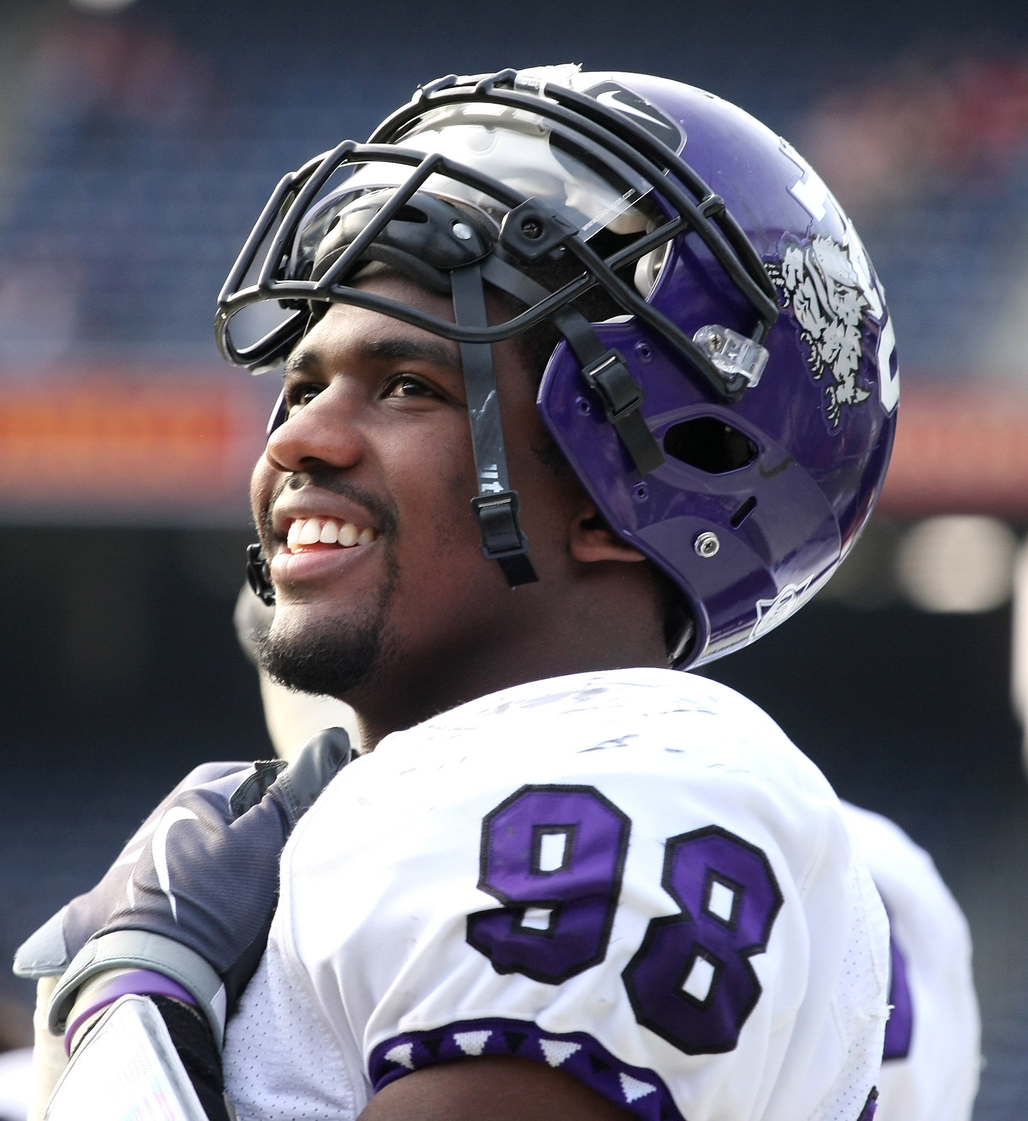 SAN DIEGO - NOVEMBER 07:  Defensive end Jerry Hughes #98 of the Texas Christian University Horned Frogs on the sidelines in the game with the San Diego State Aztecs on November 7, 2009 at Qualcomm Stadium in San Diego, California.   TCU won 55-12.  (Photo