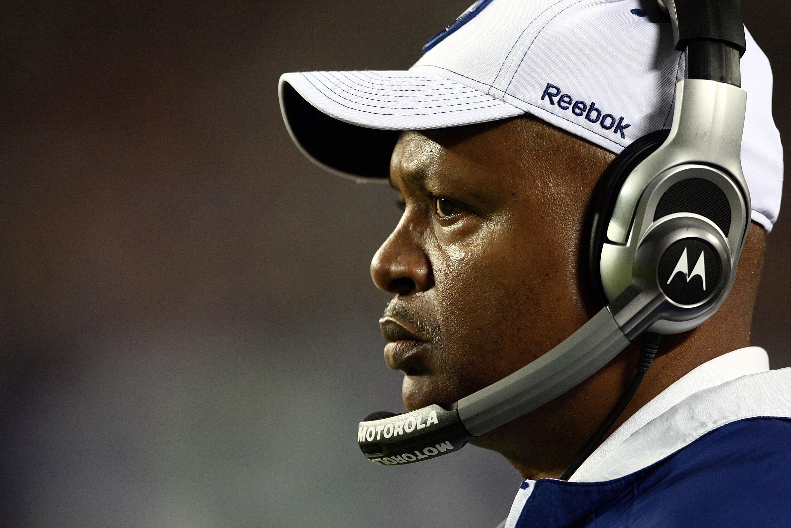 MIAMI GARDENS, FL - FEBRUARY 07:  Head coach Jim Caldwell of the Indianapolis Colts looks on from the sidelines against the New Orleans Saints during Super Bowl XLIV on February 7, 2010 at Sun Life Stadium in Miami Gardens, Florida.  (Photo by Donald Mira