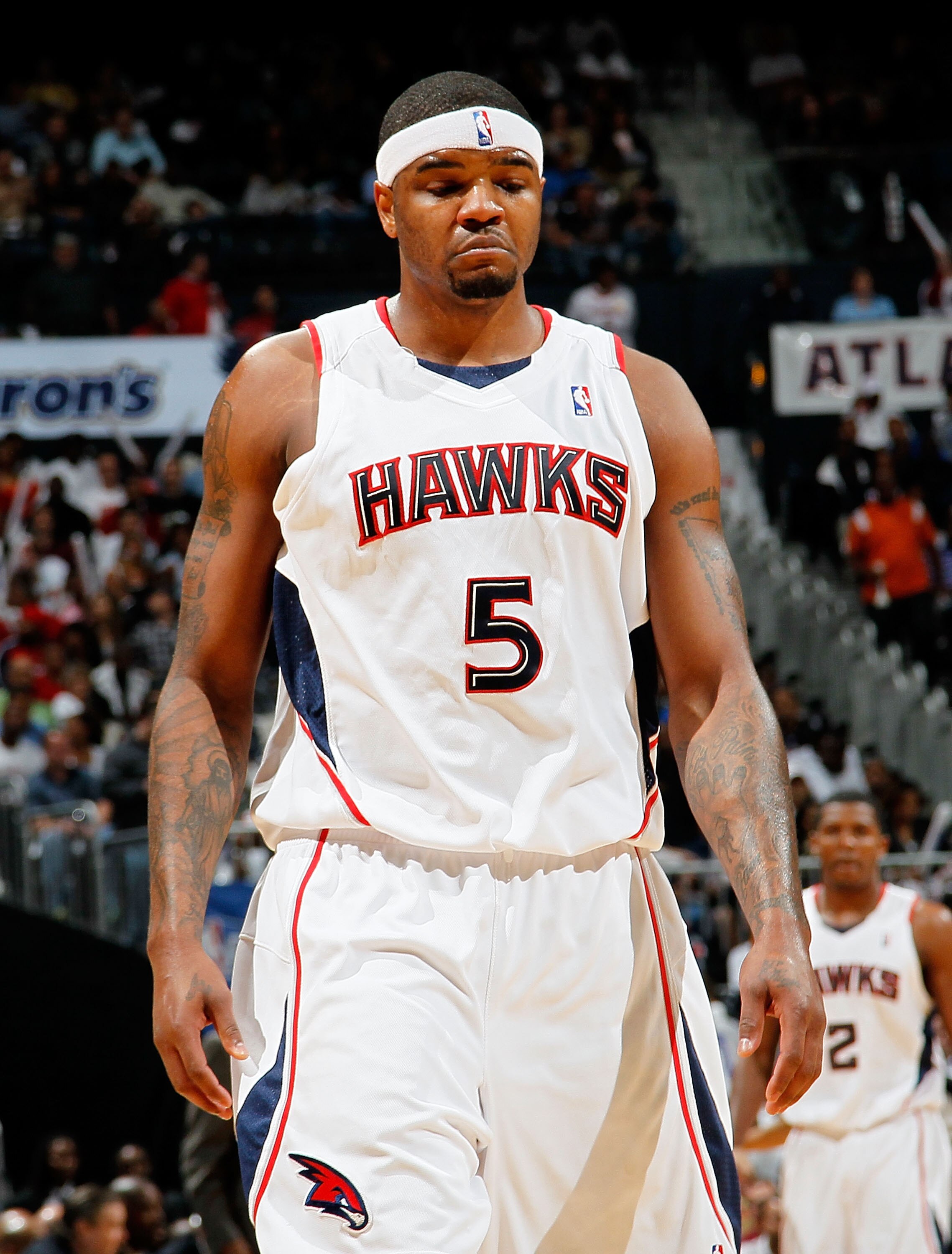 ATLANTA - MAY 10:  Josh Smith #5 of the Atlanta Hawks reacts during Game Four of the Eastern Conference Semifinals of the 2010 NBA Playoffs against the Orlando Magic at Philips Arena on May 10, 2010 in Atlanta, Georgia.  NOTE TO USER: User expressly ackno