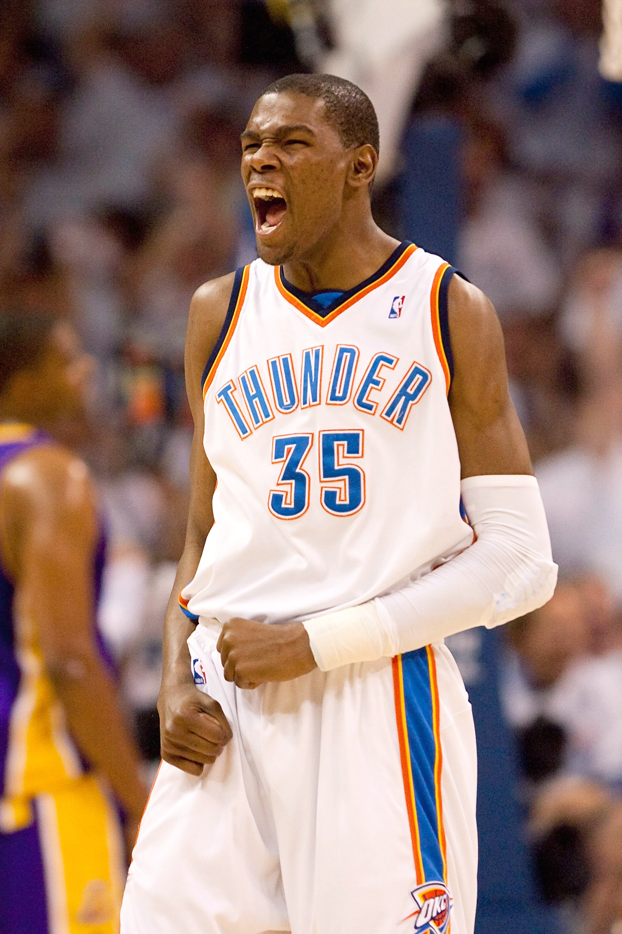 OKLAHOMA CITY - APRIL 24: Kevin Durant #35 of the Oklahoma City Thunder celebrates a foul called against the Los Angeles Lakers during Game Four of the Western Conference Quarterfinals of the 2010 NBA Playoffs on April 24, 2010 at the Ford Center in Oklah