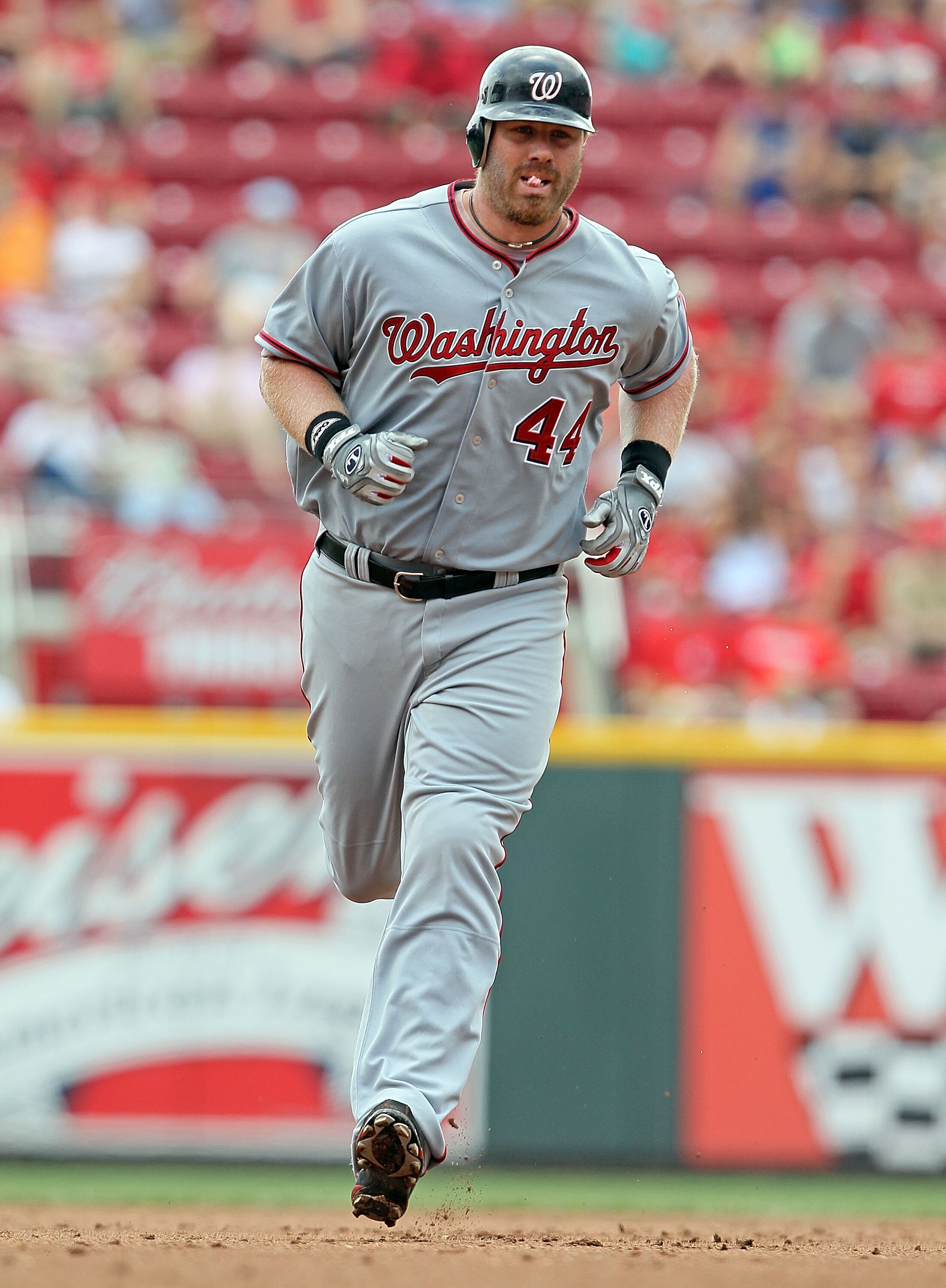 CINCINNATI - JULY 22:  Adam Dunn #44 of the Washington Nationals is pictured after hitting a home run during the game against the Cincinnati Reds at Great American Ball Park on July 22, 2010 in Cincinnati, Ohio.  (Photo by Andy Lyons/Getty Images)