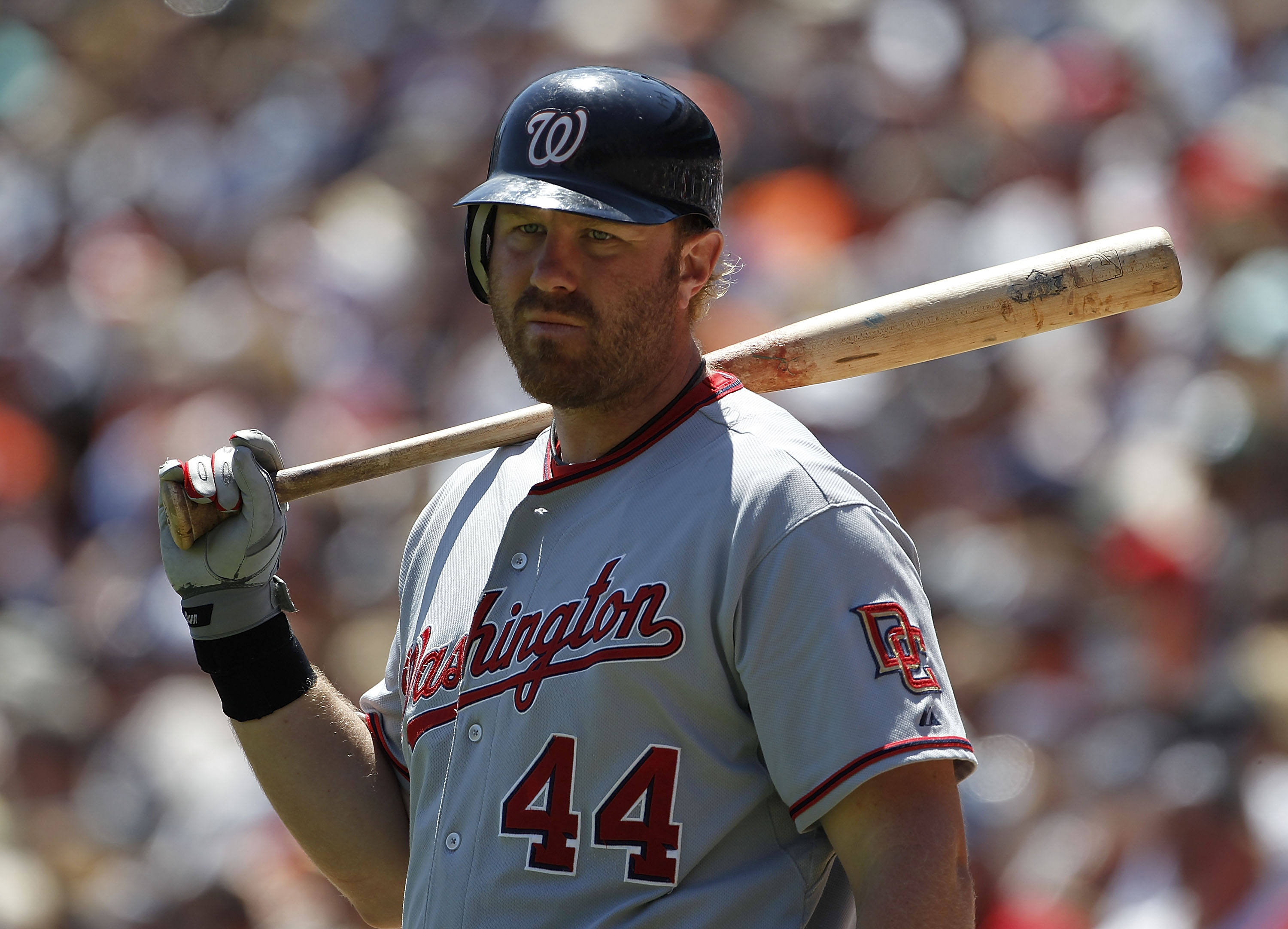 DETROIT - JUNE 17:  Adam Dunn #44 of the Washington Nationals get ready to bat in the seventh inning during the game against the Detroit Tigers on June 17, 2010 at Comerica Park in Detroit, Michigan. The Tigers defeated the Nationals 8-3. (Photo by Leon H