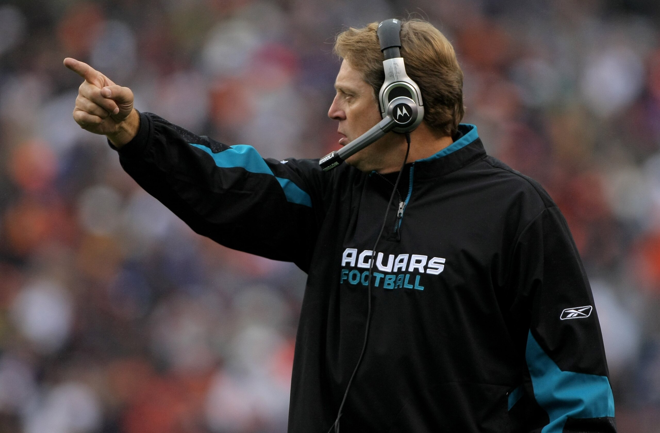 DENVER - OCTOBER 12:  Head coach Jack Del Rio of the Jacksonville Jaguars directs his team against the Denver Broncos during NFL action at Invesco Field at Mile High on October 12, 2008 in Denver, Colorado. The Jaguars defeated the Broncos 24-17.  (Photo