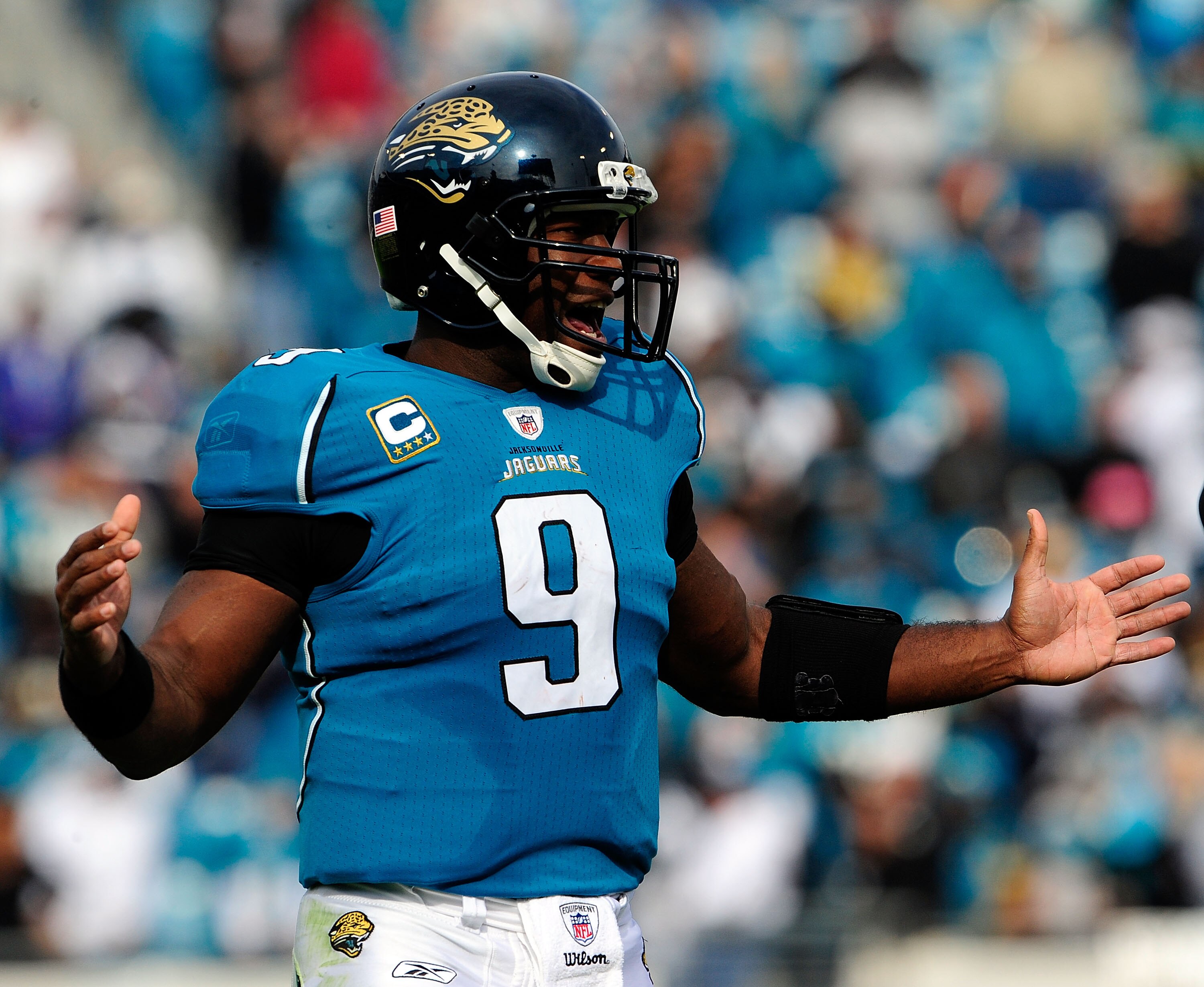 JACKSONVILLE, FL - DECEMBER 06:  David Garrard #9 of the Jacksonville Jaguars celebrates after a touchdown pass during the game against the Houston Texans at Jacksonville Municipal Stadium on December 6, 2009 in Jacksonville, Florida.  (Photo by Sam Green
