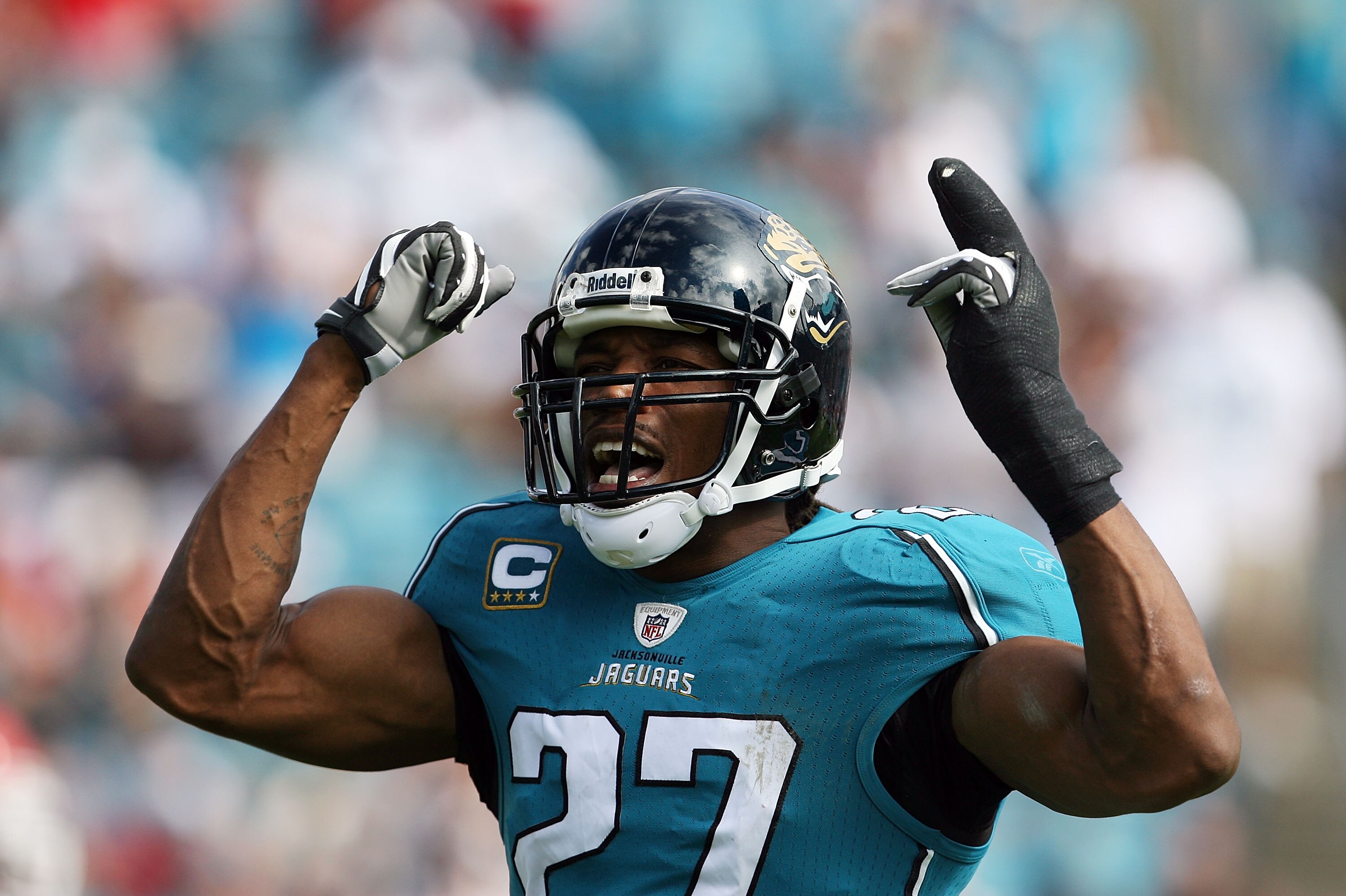 JACKSONVILLE, FL - NOVEMBER 08:  Cornerback Rashean Mathis #27 of the Jacksonville Jaguars celebrates after making a tackle against the Kansas City Chiefs at Jacksonville Municipal Stadium on November 8, 2009 in Jacksonville, Florida.  (Photo by Doug Benc