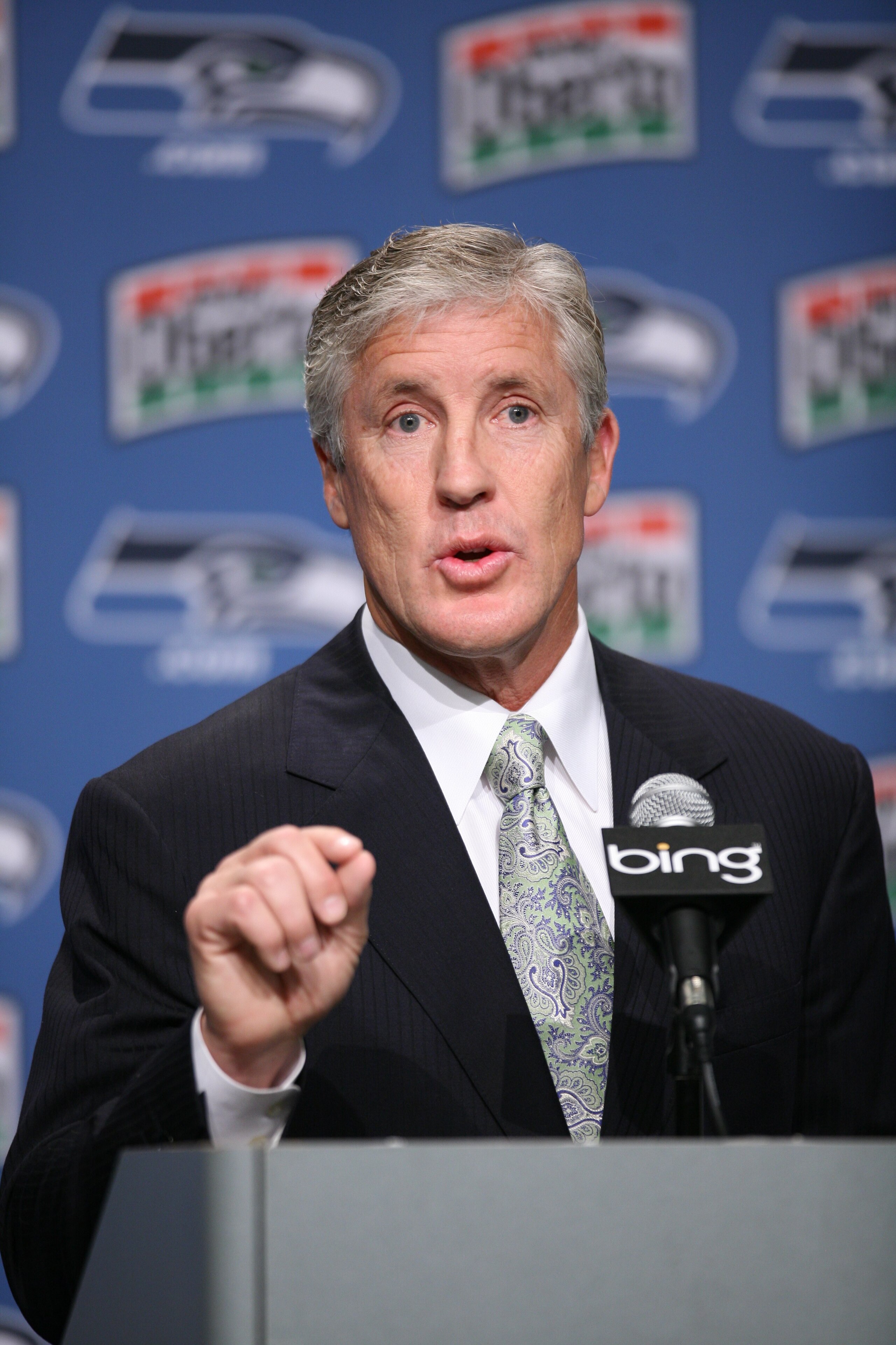 RENTON, WA - JANUARY 12:  Pete Carroll answers questions at a press conference announcing his hiring as the new head coach of the Seattle Seahawks on January 12, 2010 at the Seahawks training facility in Renton, Washington. (Photo by Otto Greule Jr/Getty