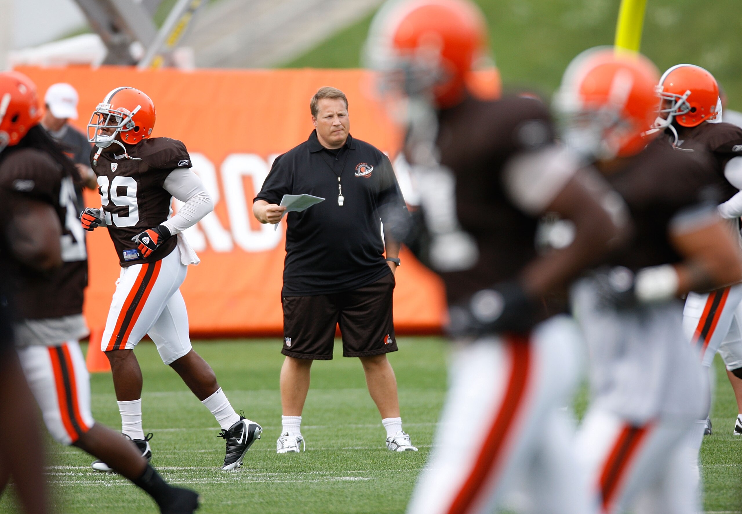 BEREA, OH - AUGUST 07: Head coach Eric Mangini of the Cleveland Browns watches players warm up during training camp at the Cleveland Browns Training and Administrative Complex on August 7, 2009 in Berea, Ohio. (Photo by Gregory Shamus/Getty Images) BEREA, OH - AUGUST 07: Head coach Eric Mangini of the Cleveland Browns watches players warm up during training camp at the Cleveland Browns Training and Administrative Complex on August 7, 2009 in Berea, Ohio. (Photo by Gregory Shamus/Getty Images)
